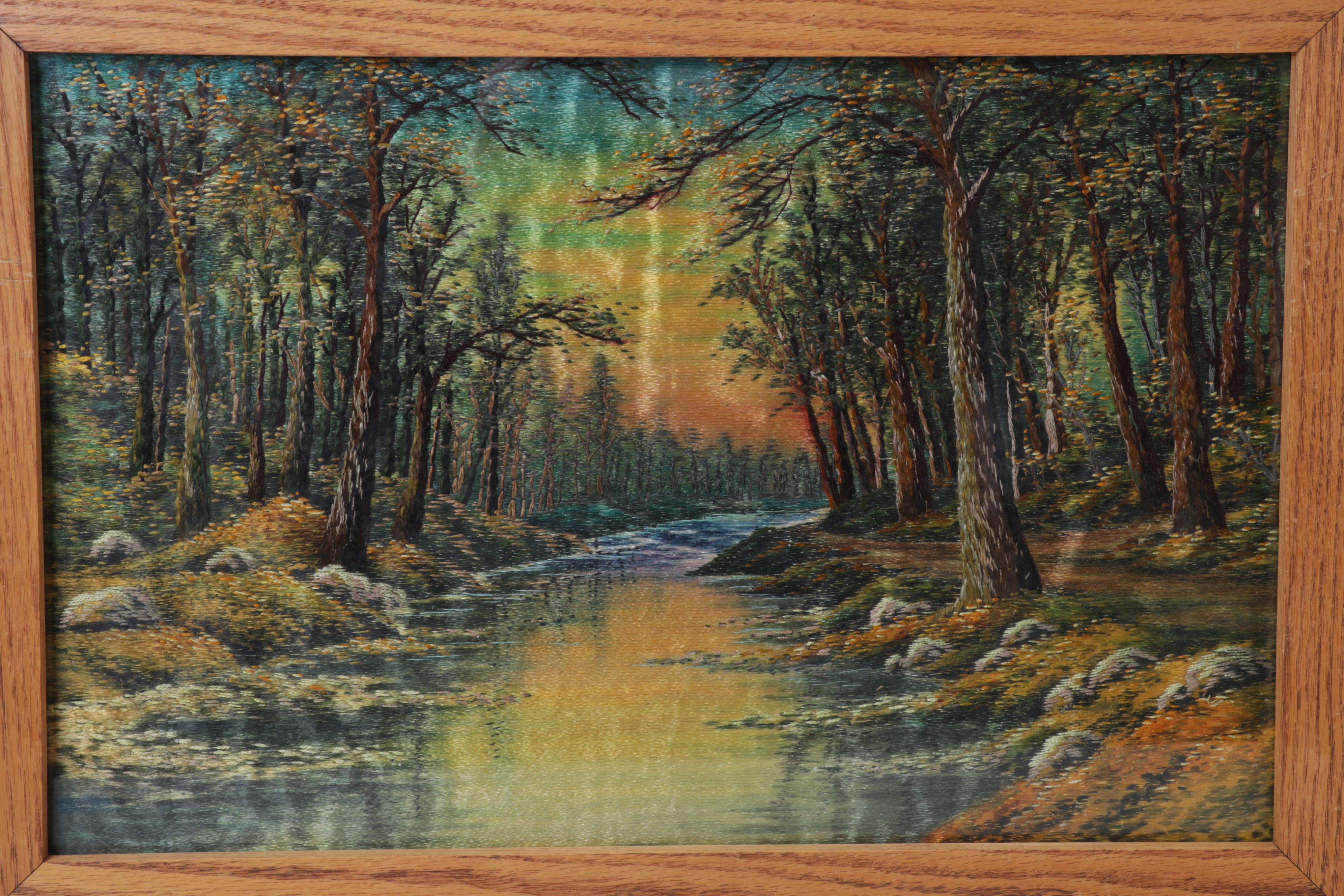Painted and Embroidered Silk Forest Creek Scene Wall Hangings