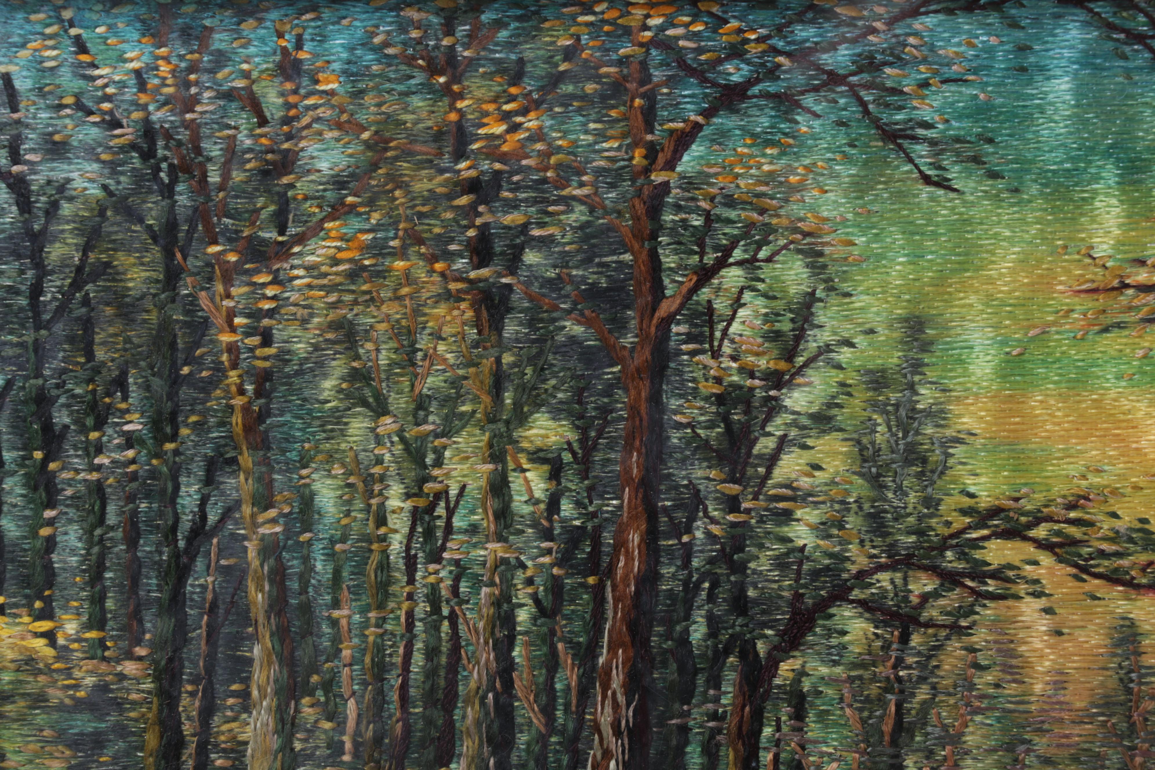 Painted and Embroidered Silk Forest Creek Scene Wall Hangings