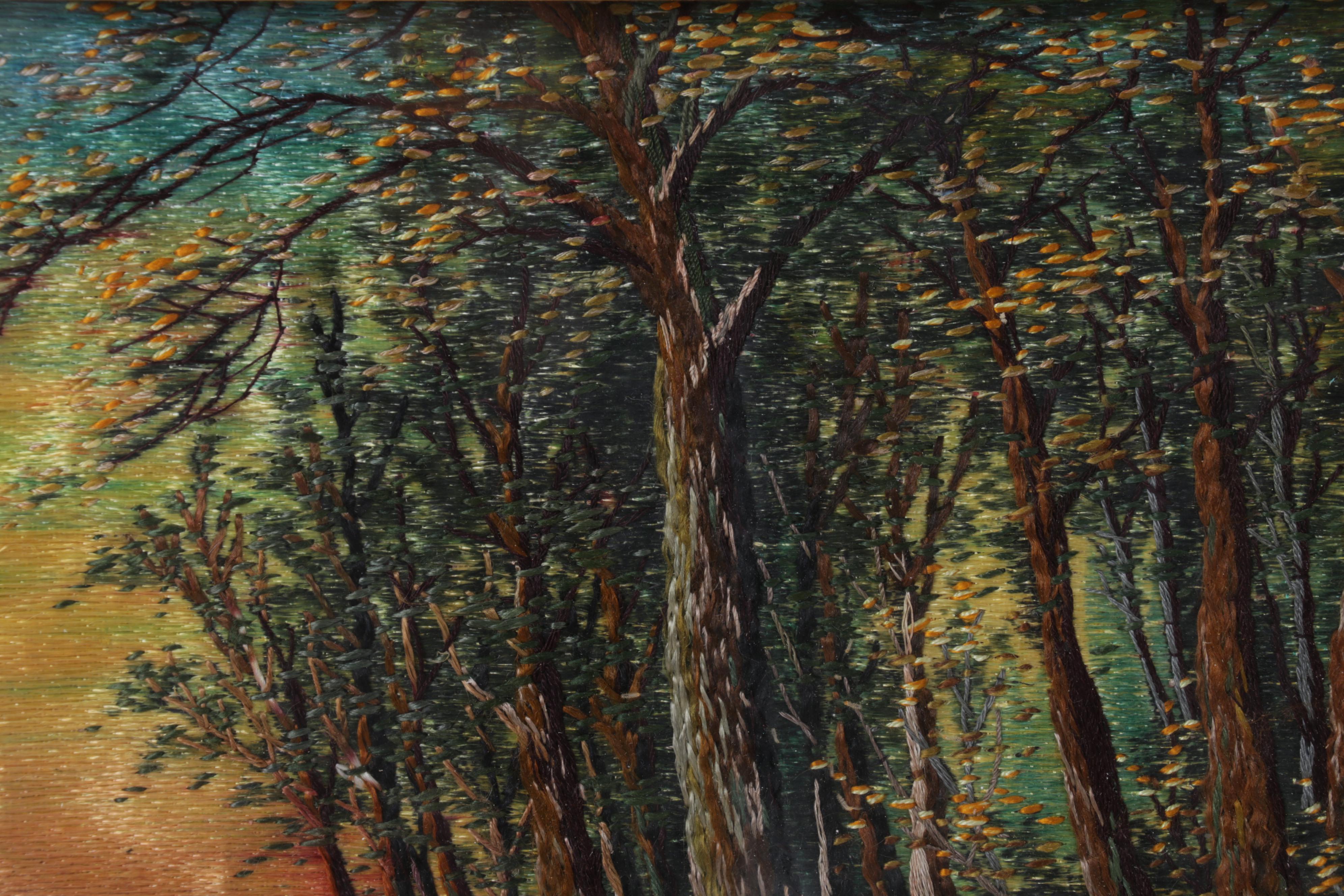 Painted and Embroidered Silk Forest Creek Scene Wall Hangings