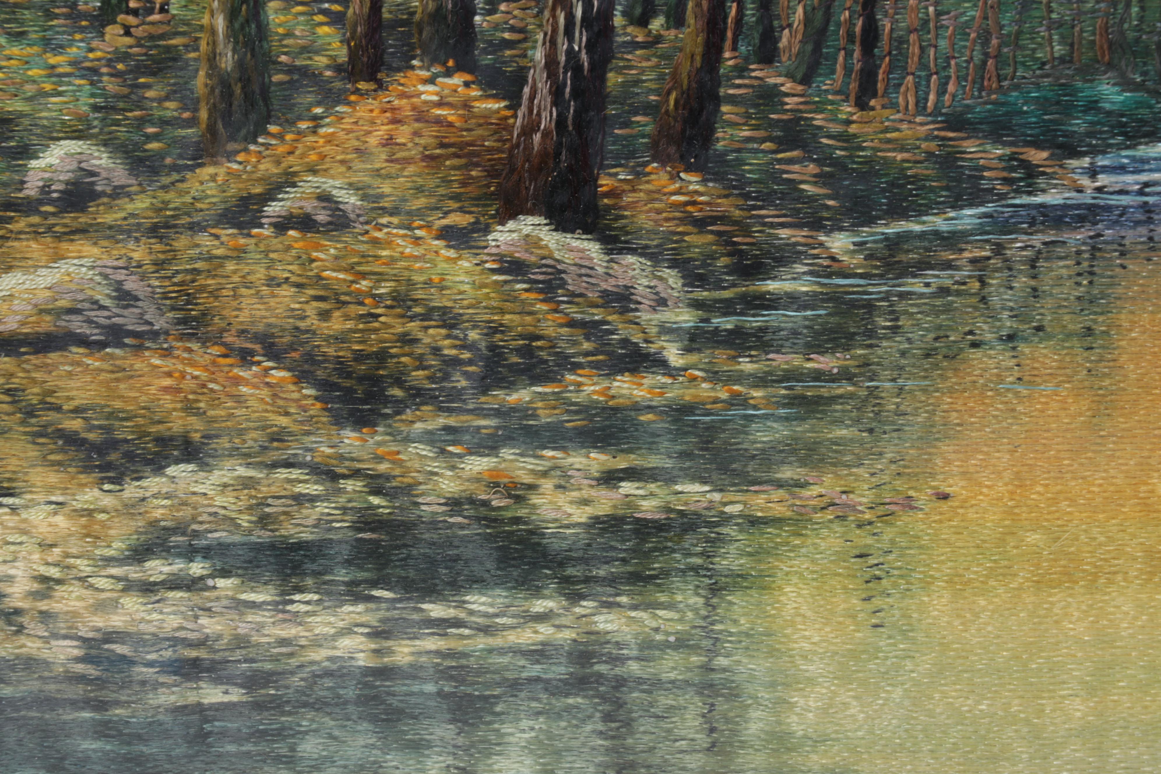 Painted and Embroidered Silk Forest Creek Scene Wall Hangings