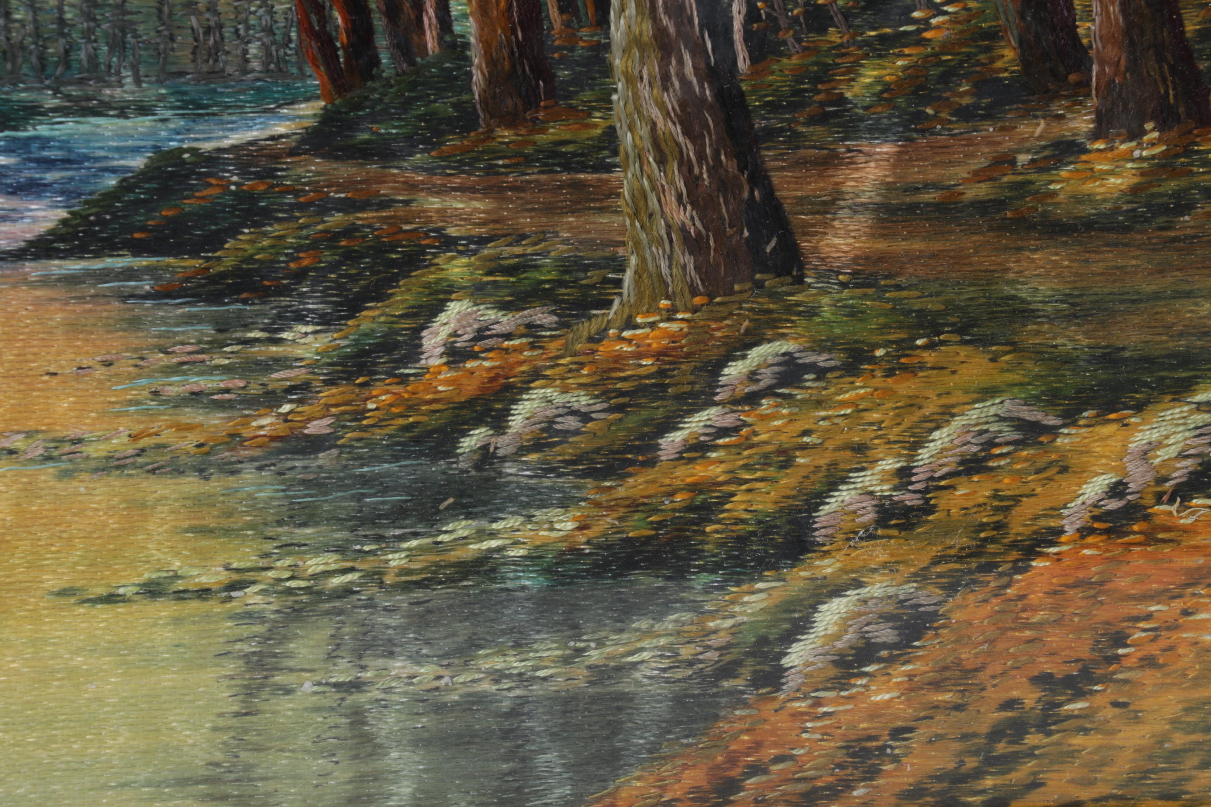 Painted and Embroidered Silk Forest Creek Scene Wall Hangings