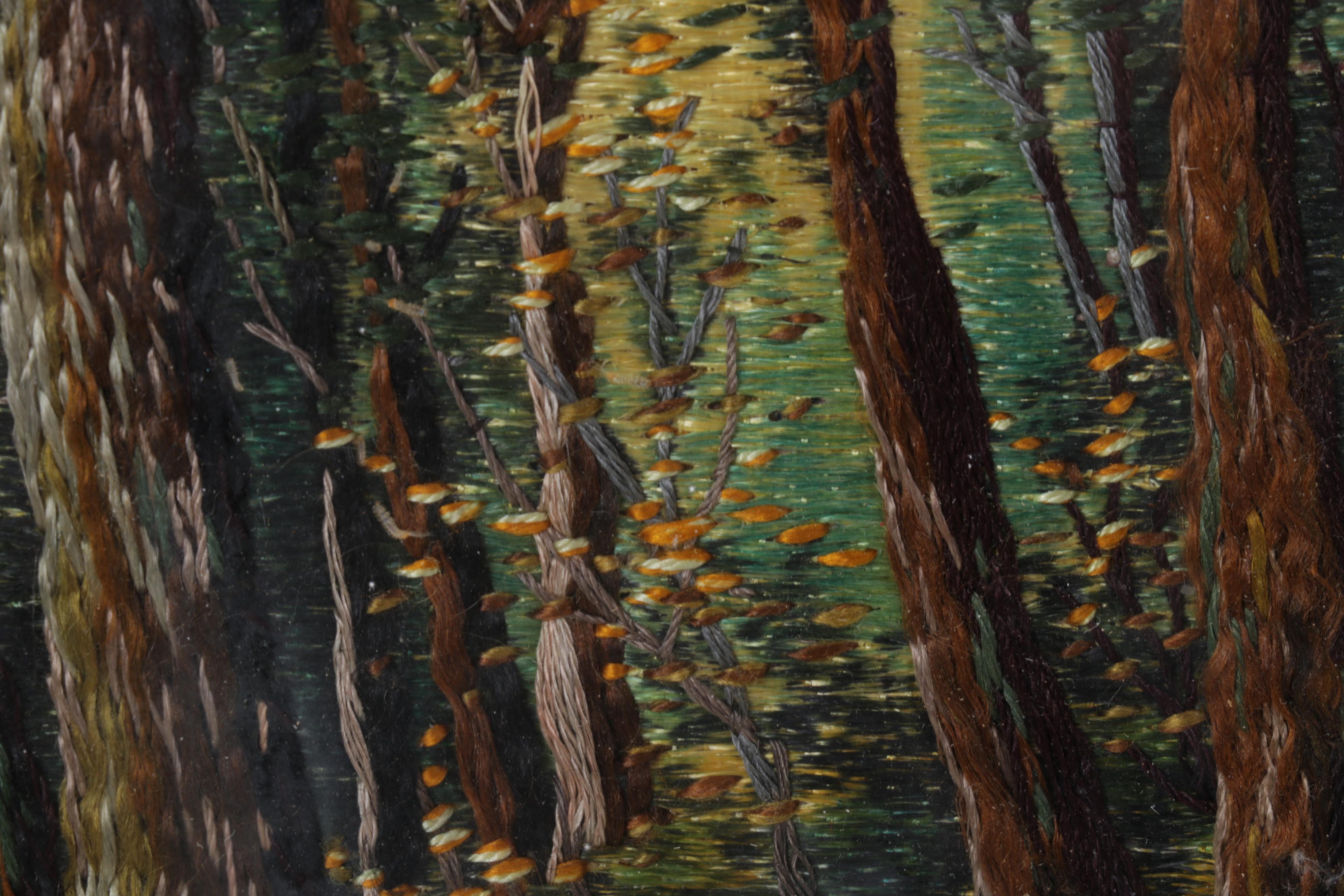 Painted and Embroidered Silk Forest Creek Scene Wall Hangings