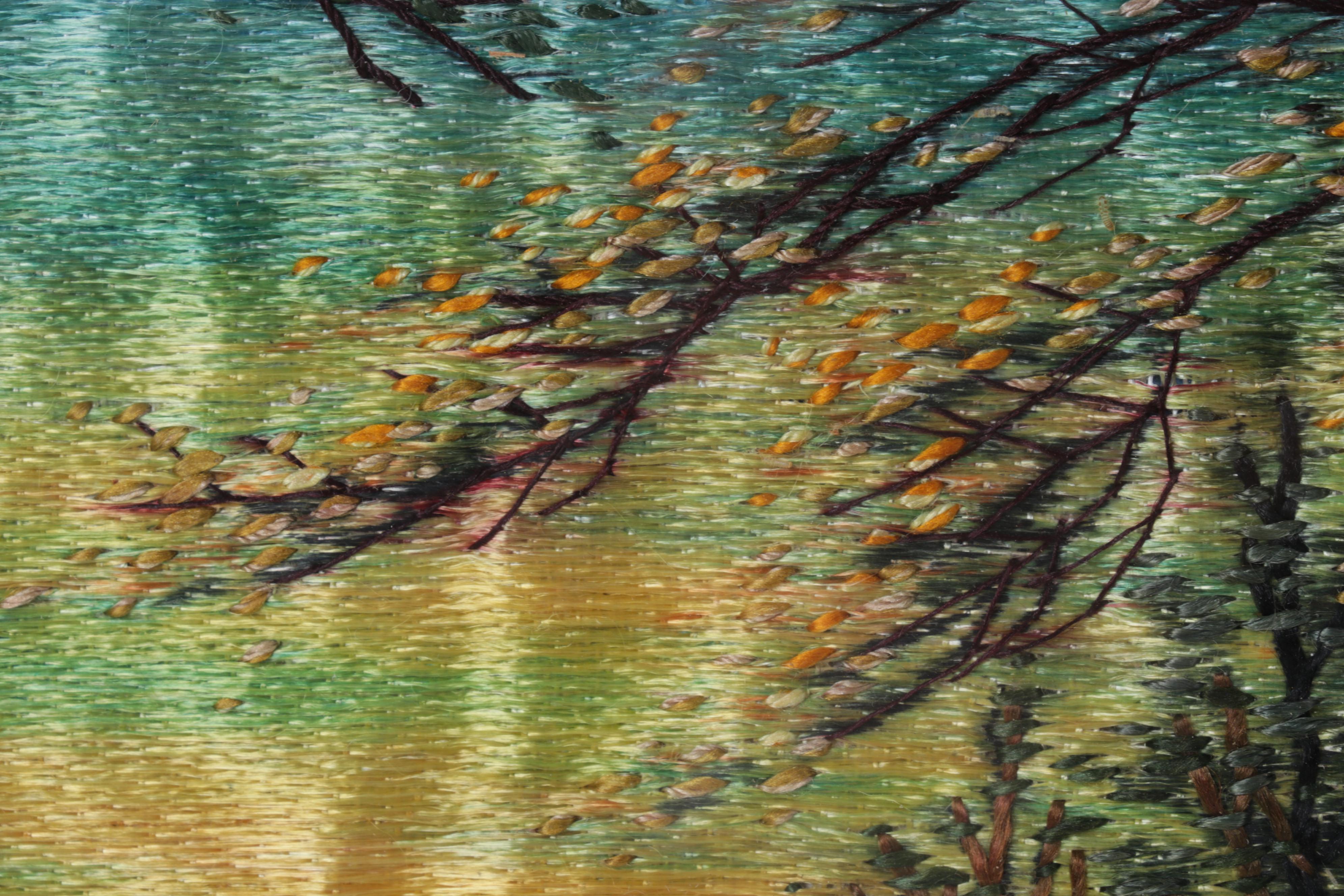 Painted and Embroidered Silk Forest Creek Scene Wall Hangings