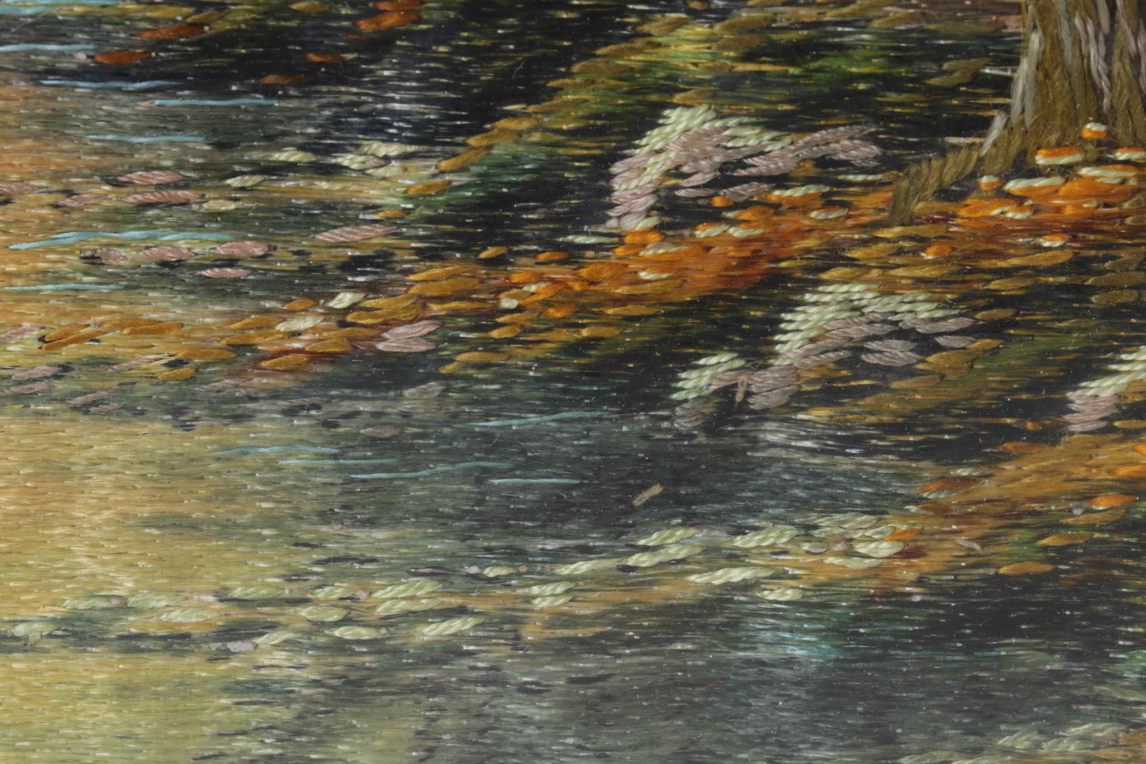 Painted and Embroidered Silk Forest Creek Scene Wall Hangings