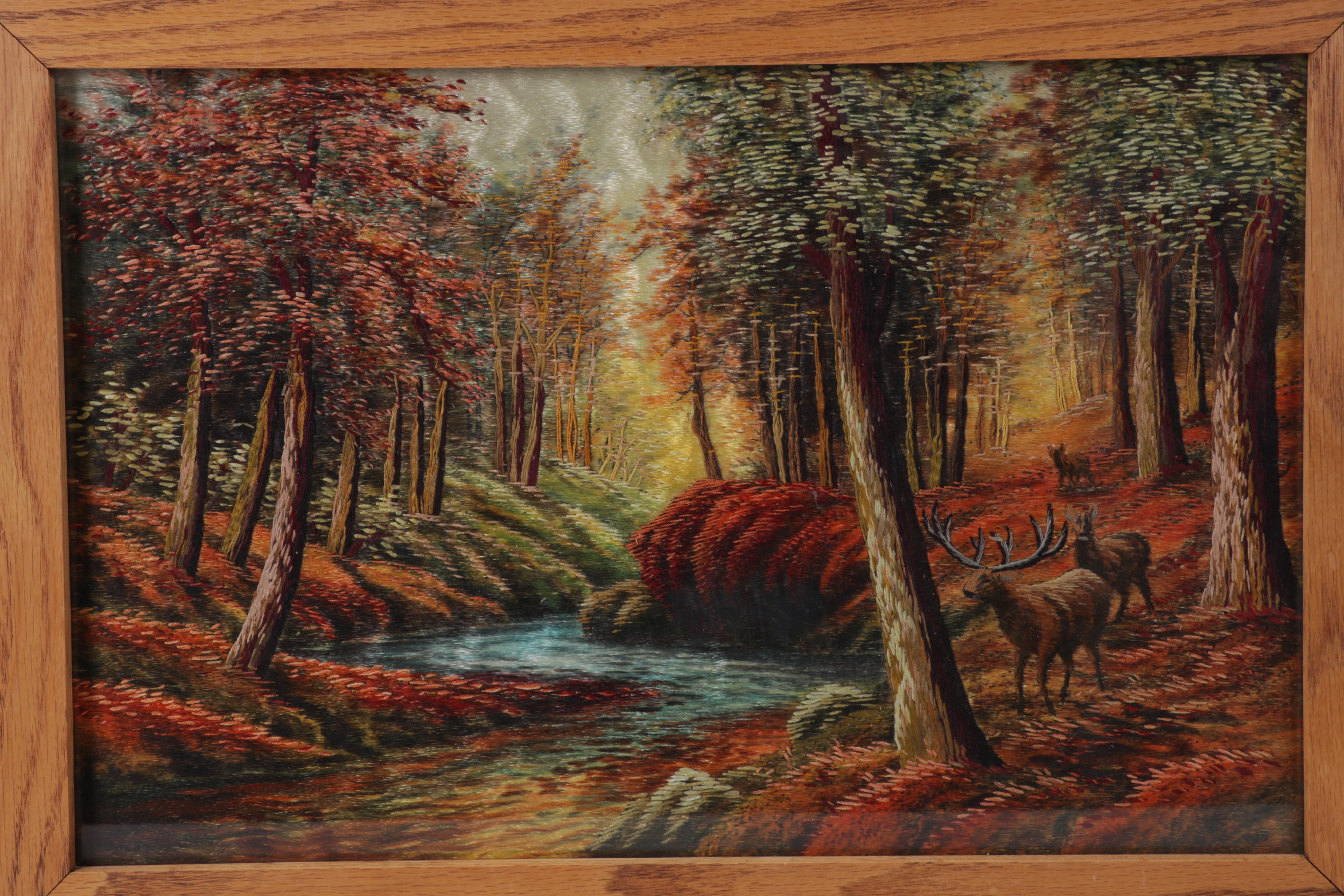 Painted and Embroidered Silk Forest Creek Scene Wall Hangings