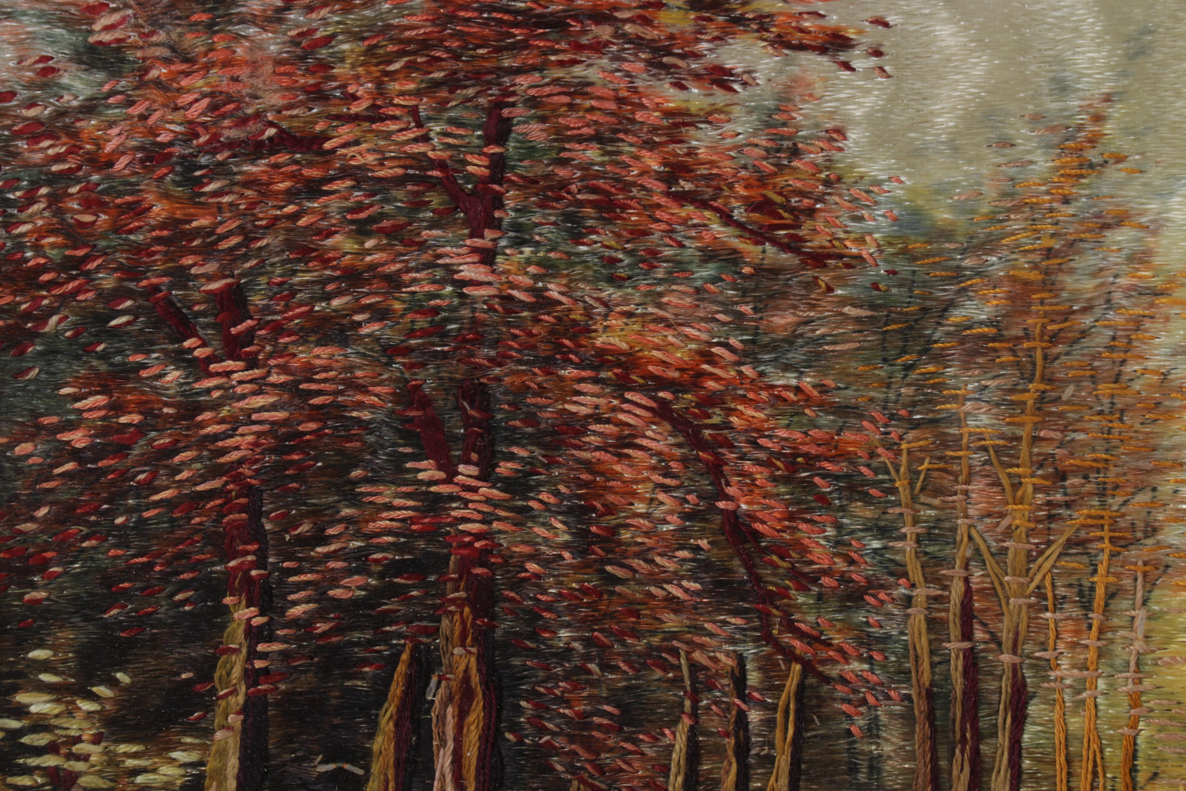 Painted and Embroidered Silk Forest Creek Scene Wall Hangings