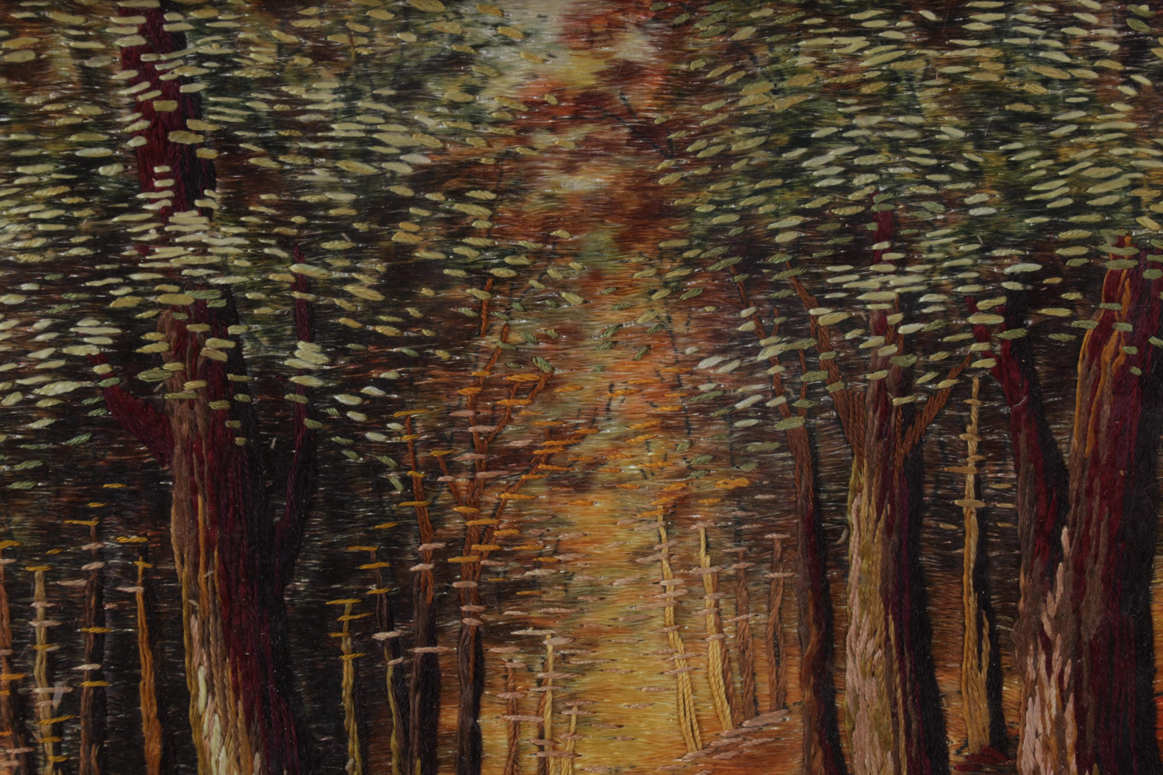 Painted and Embroidered Silk Forest Creek Scene Wall Hangings