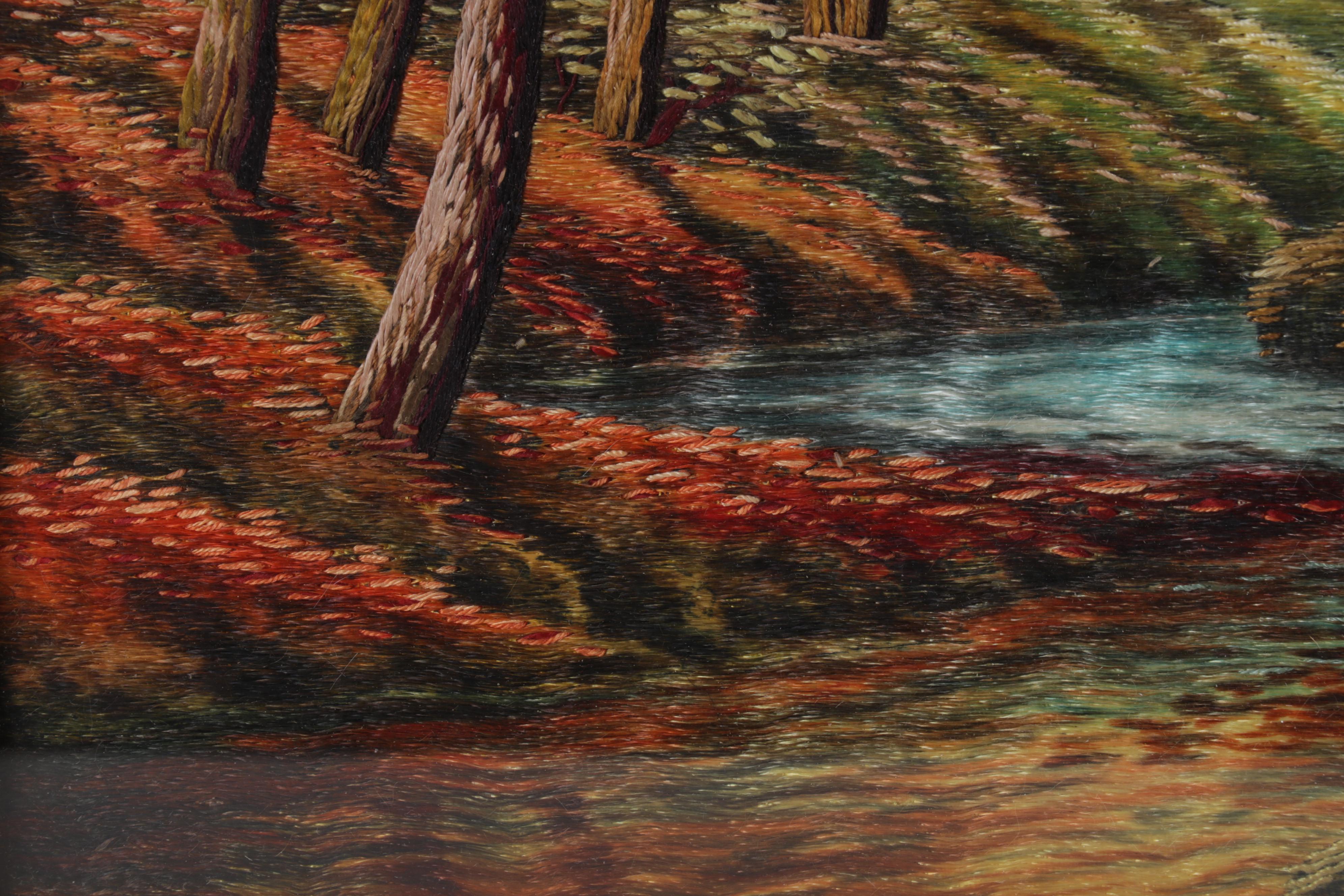 Painted and Embroidered Silk Forest Creek Scene Wall Hangings