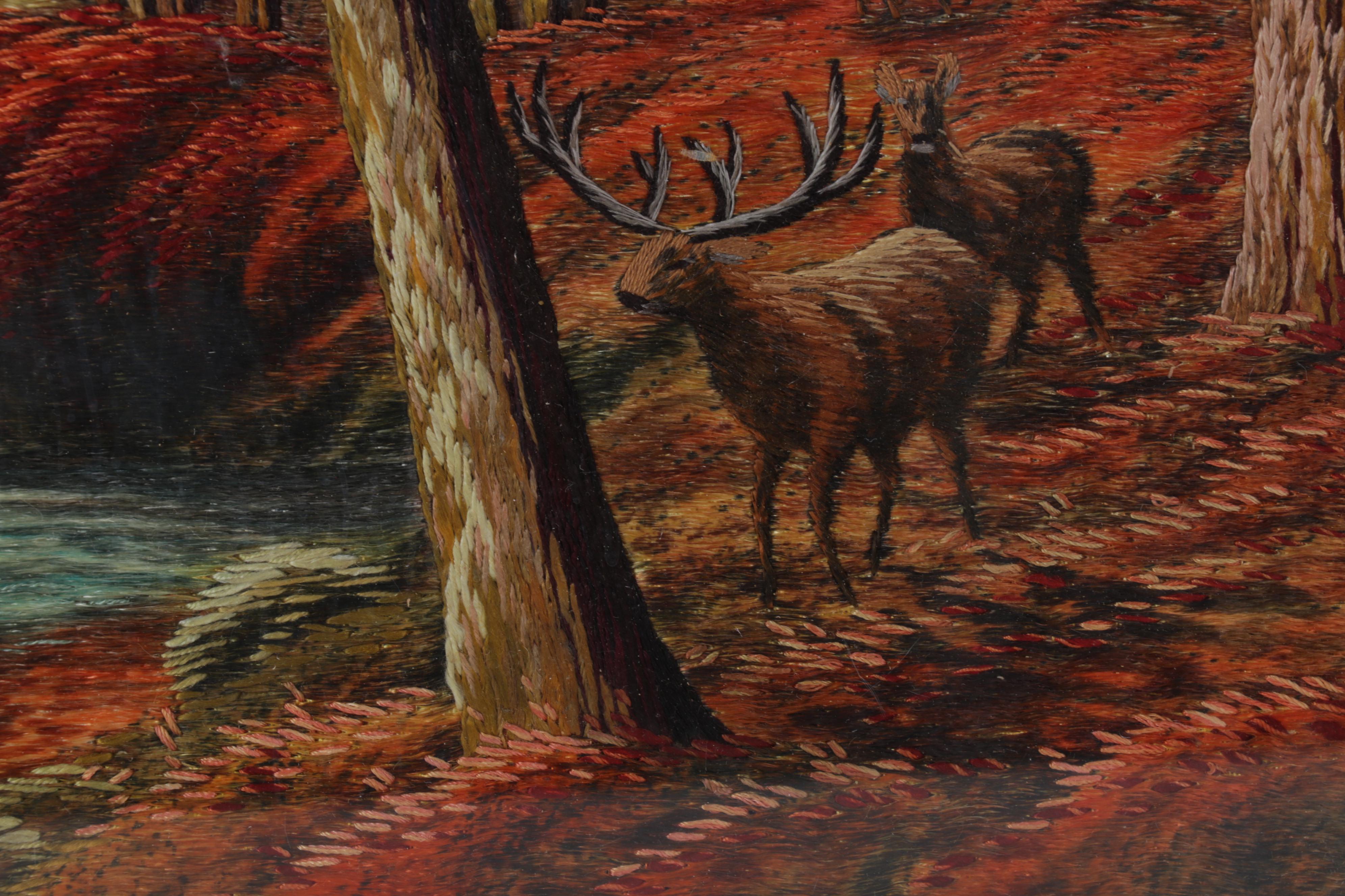 Painted and Embroidered Silk Forest Creek Scene Wall Hangings