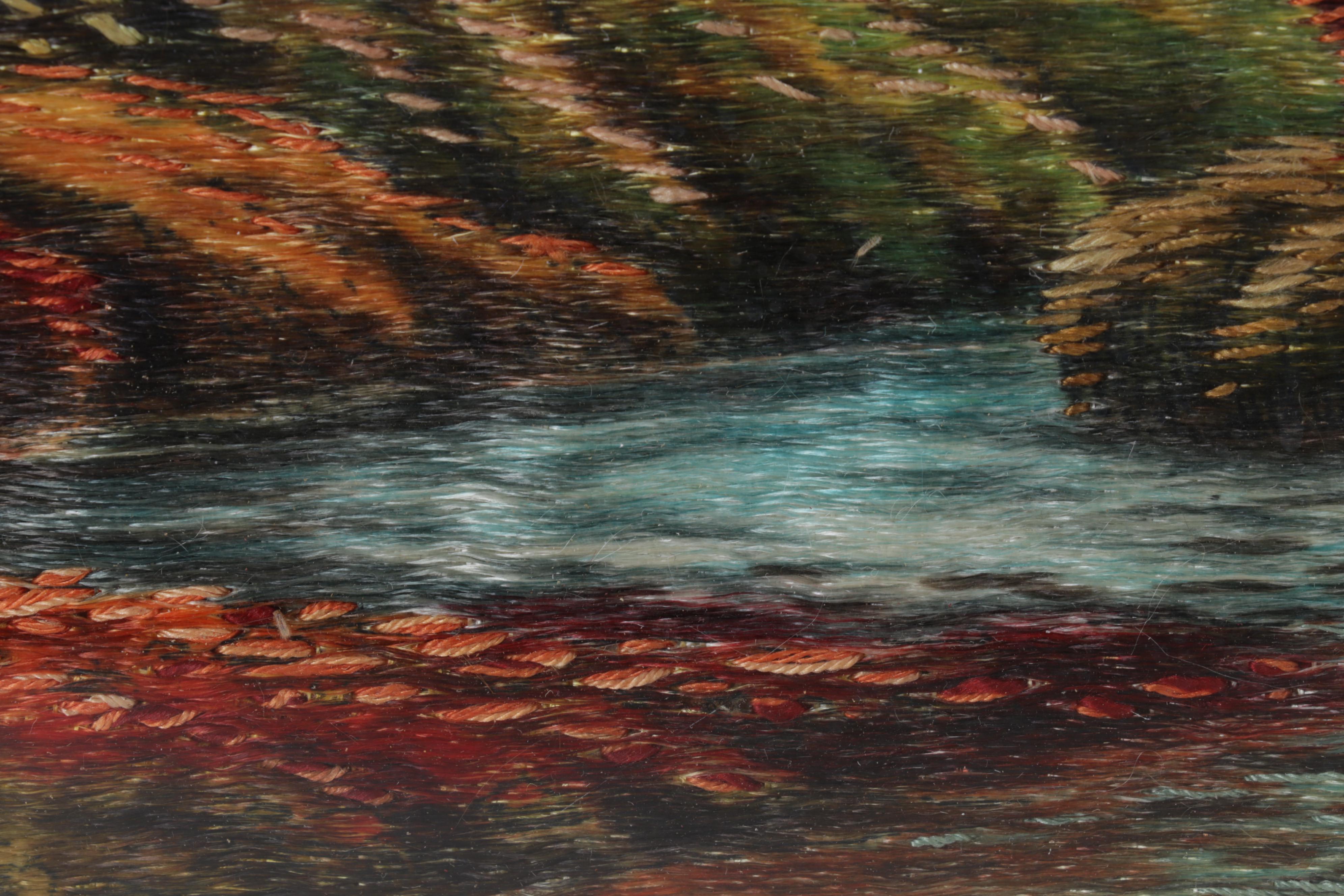 Painted and Embroidered Silk Forest Creek Scene Wall Hangings