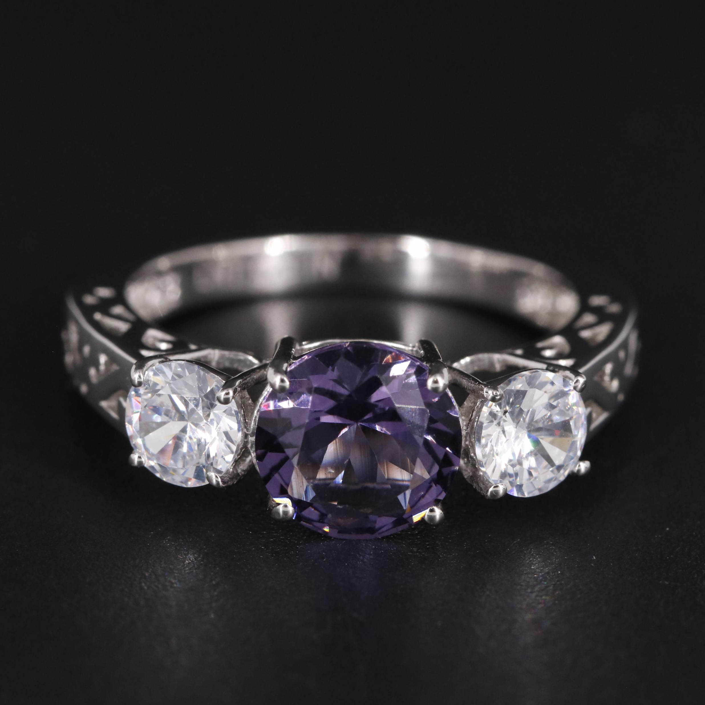 Sterling Amethyst and Cubic Zirconia Side Stone Ring