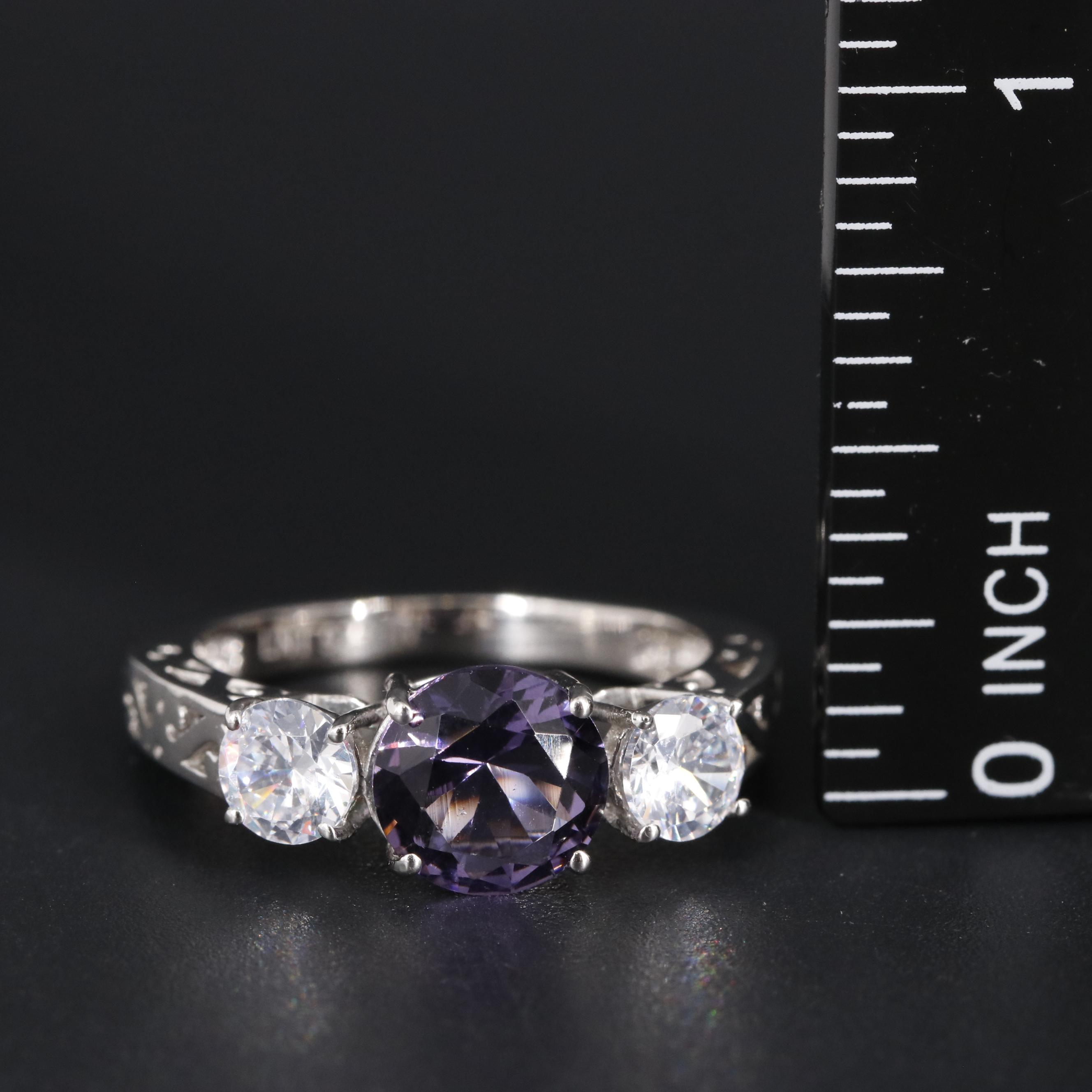 Sterling Amethyst and Cubic Zirconia Side Stone Ring