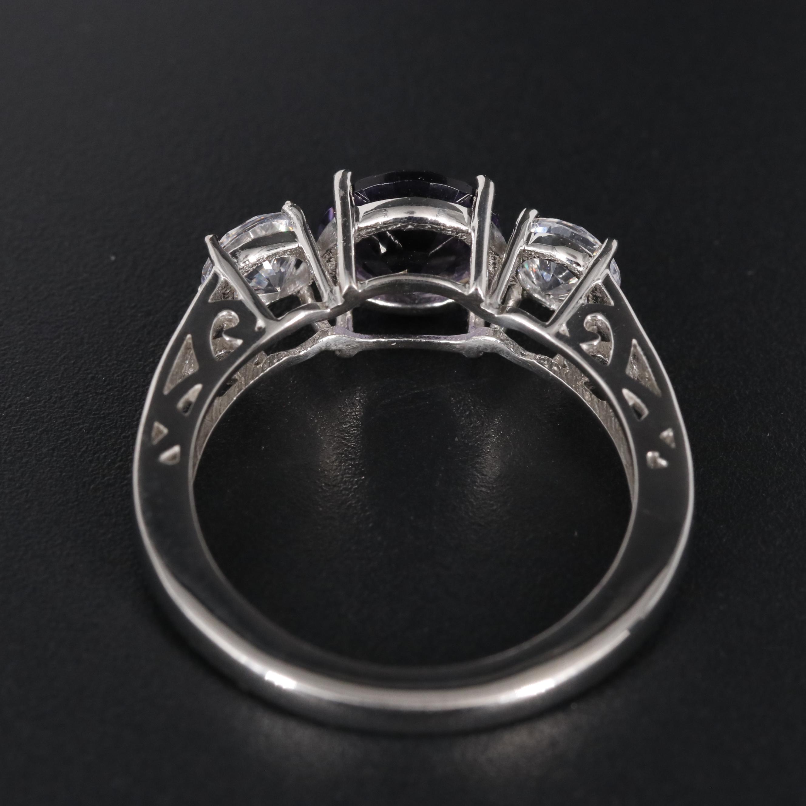 Sterling Amethyst and Cubic Zirconia Side Stone Ring