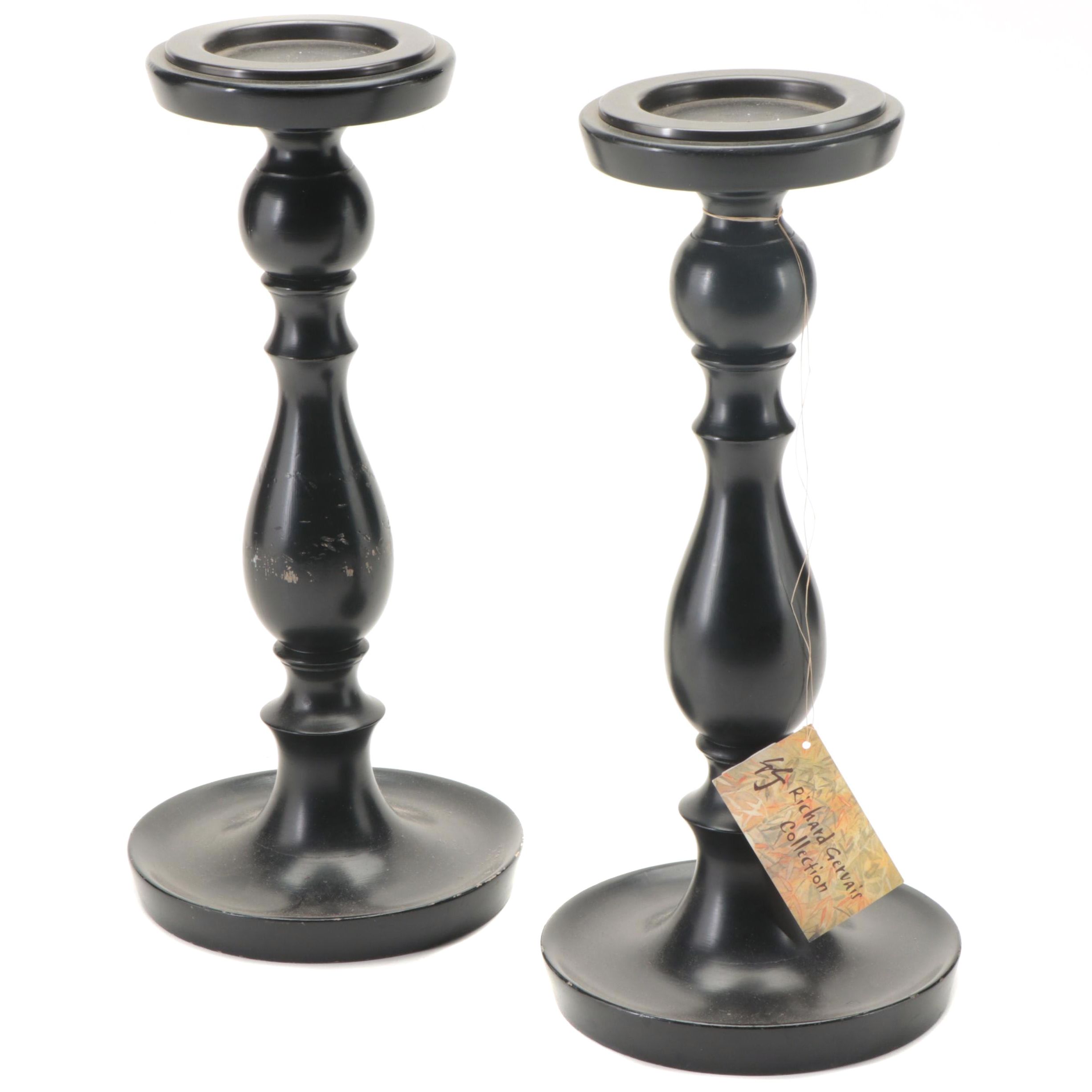 Indian Lacquered Wood Baluster Form Pillar Candle Holders