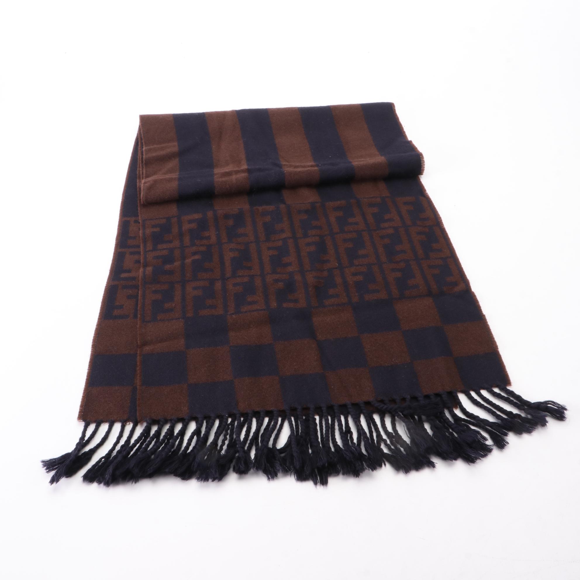 Fendi Fringe Scarf in Blue and Brown Wool Jacquard