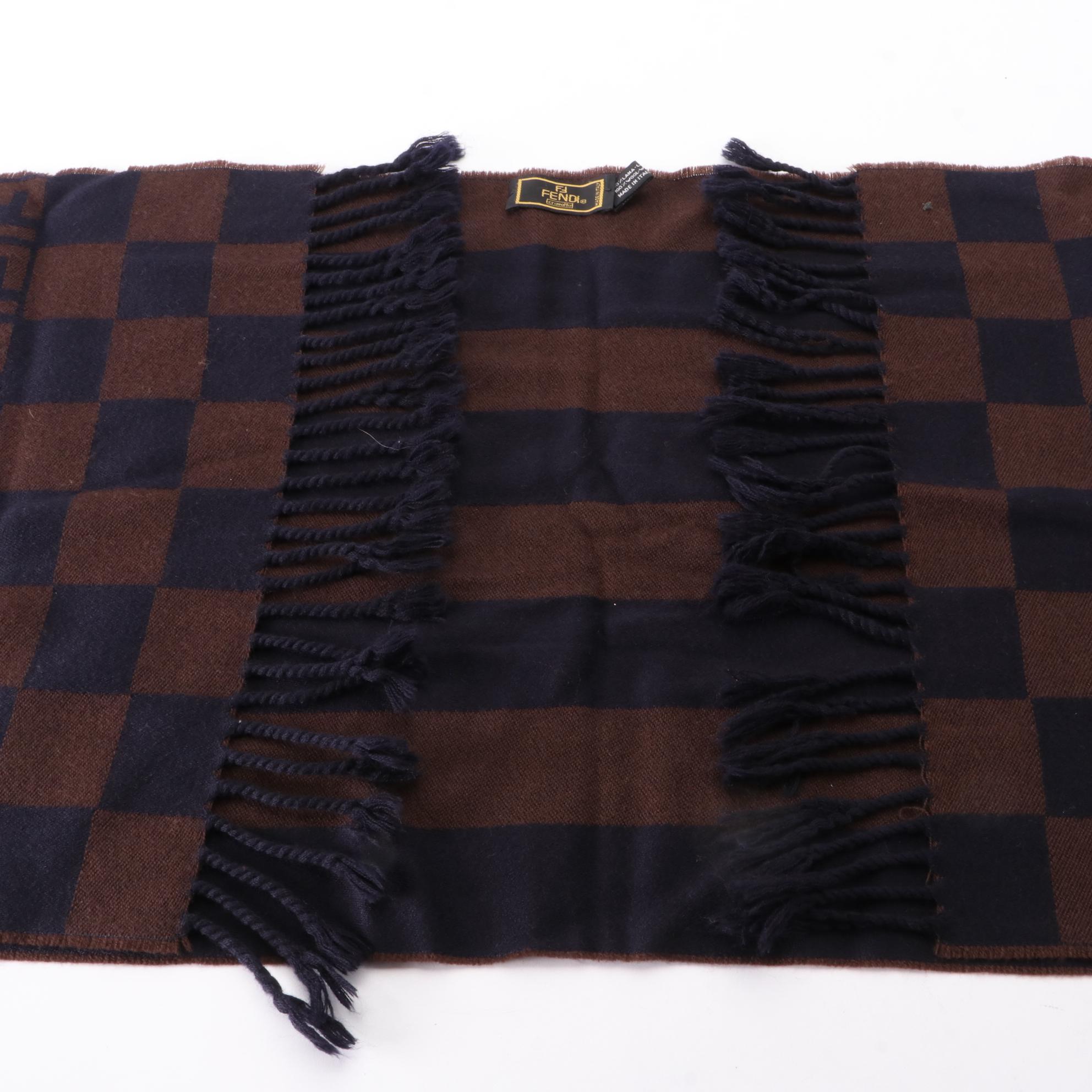 Fendi Fringe Scarf in Blue and Brown Wool Jacquard