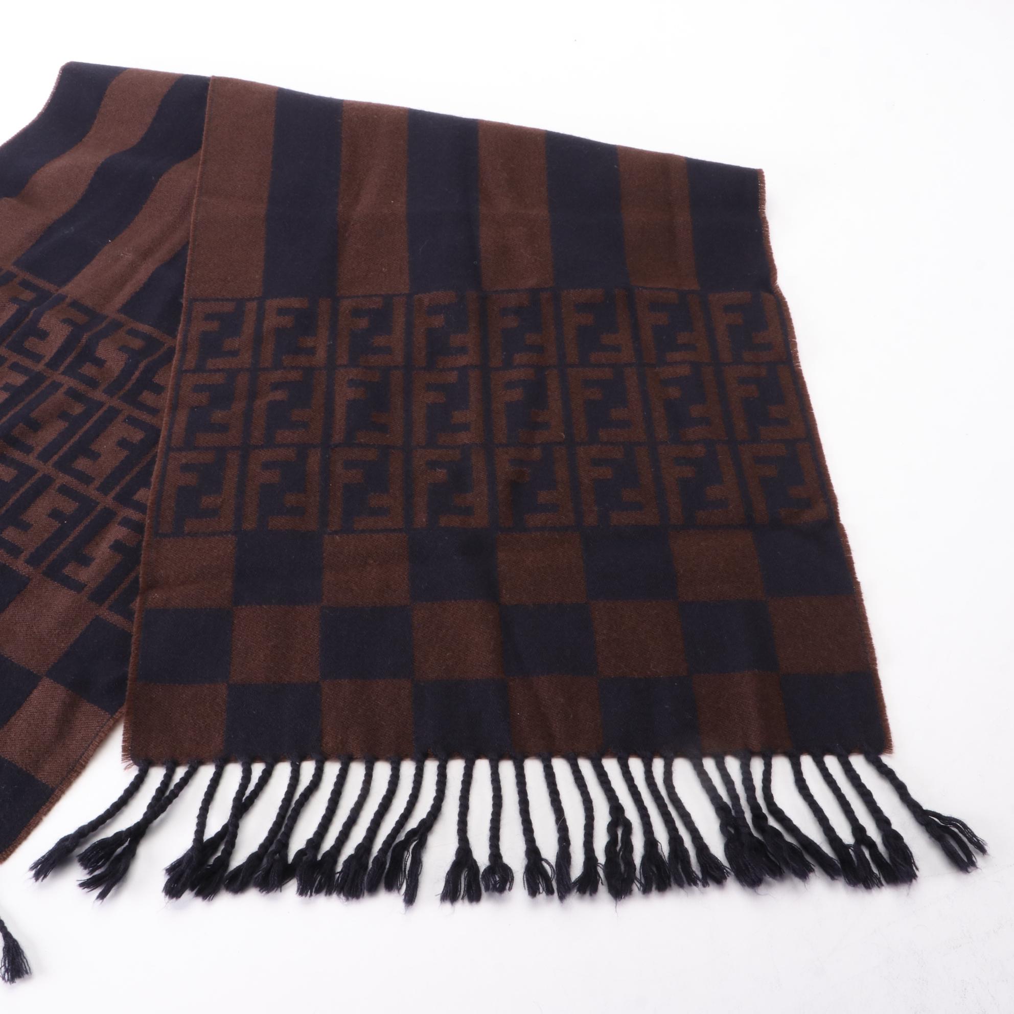 Fendi Fringe Scarf in Blue and Brown Wool Jacquard