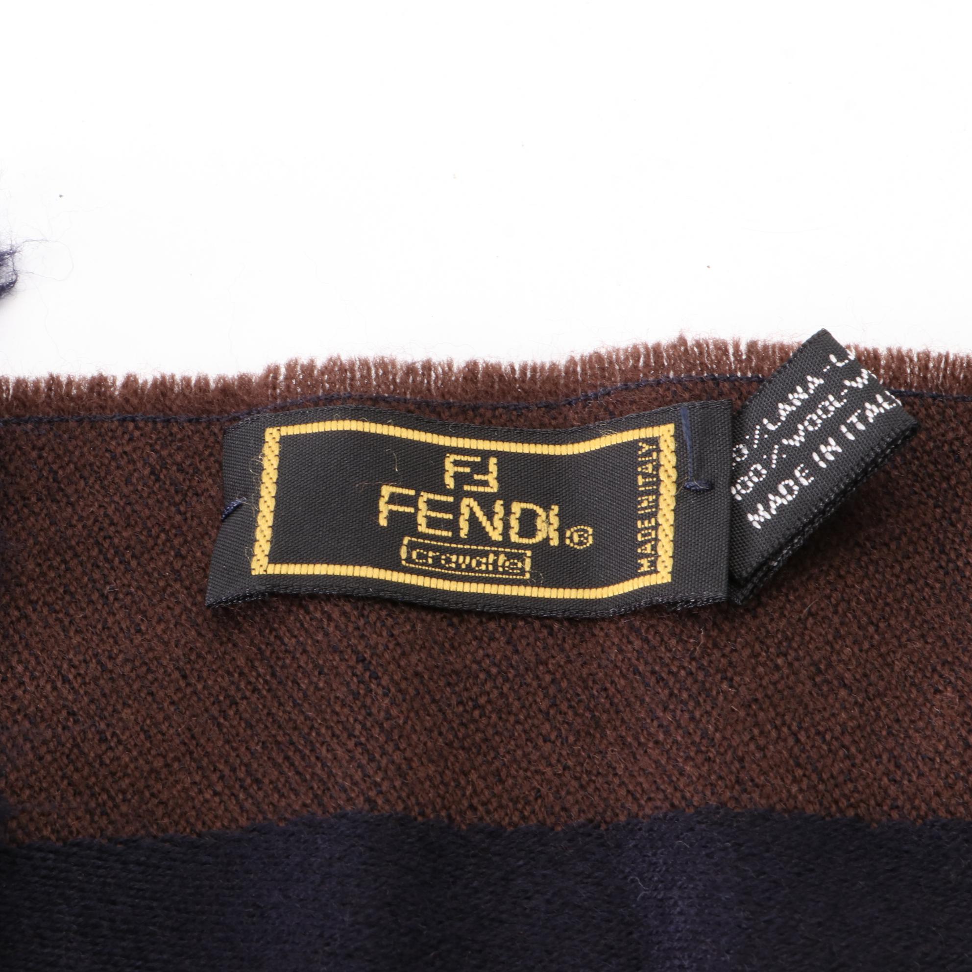 Fendi Fringe Scarf in Blue and Brown Wool Jacquard