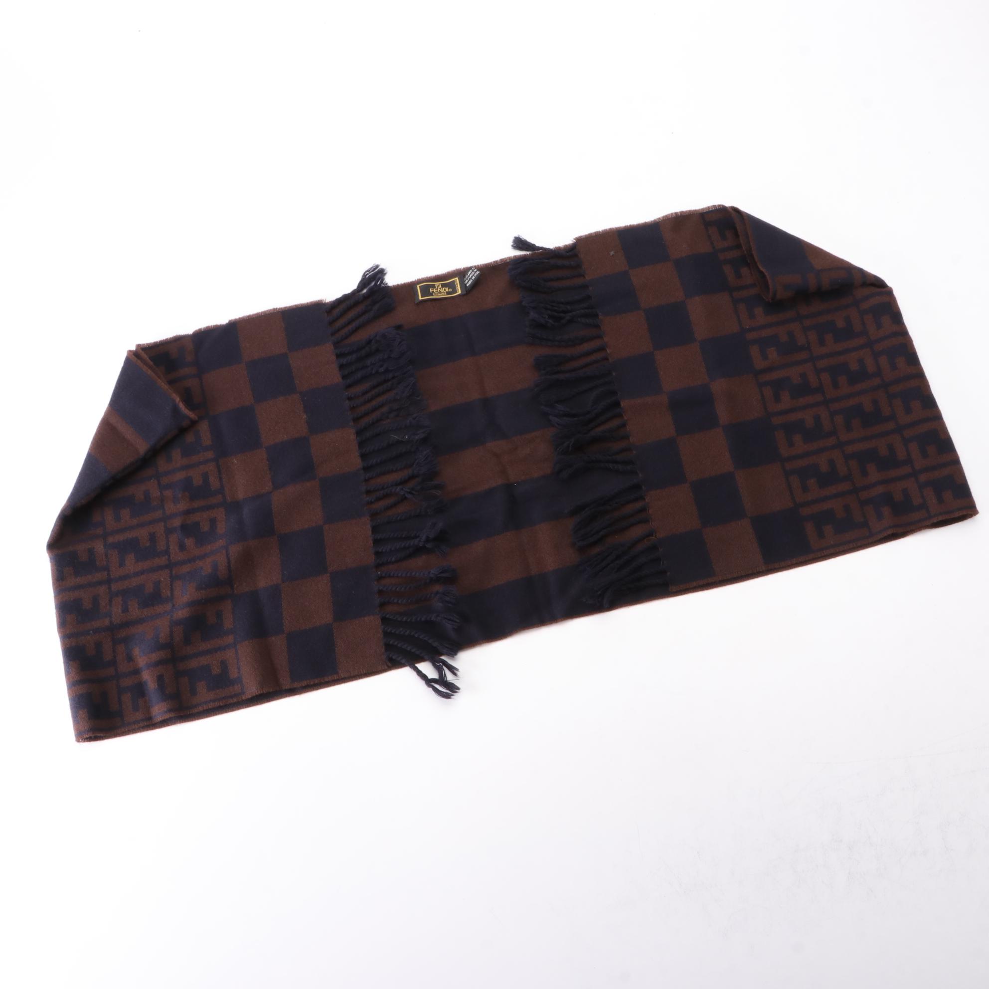 Fendi Fringe Scarf in Blue and Brown Wool Jacquard