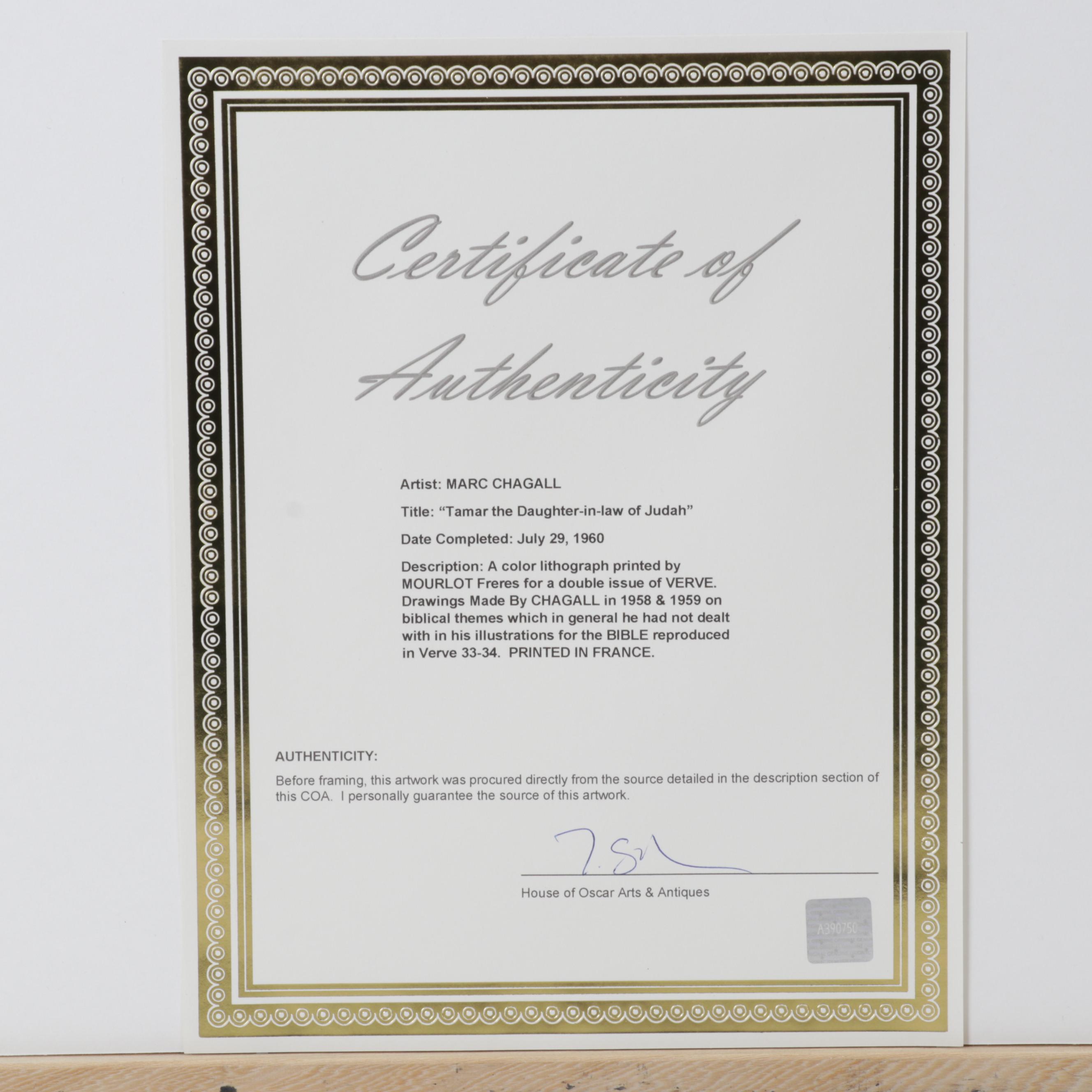 Marc Chagall Color Lithograph "Tamar belle-fille de Juda" From "Verve," 1960