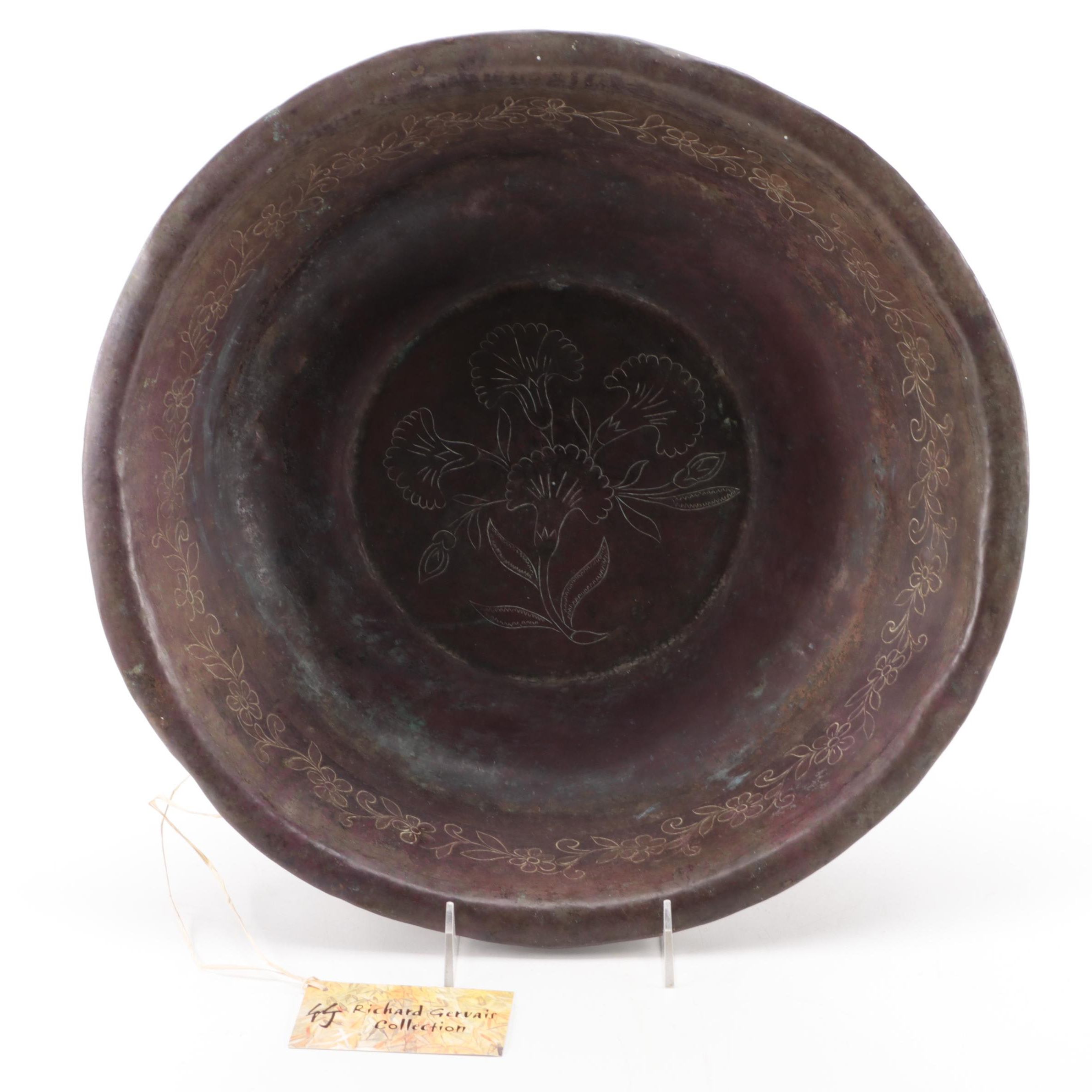 Indonesian Copper Basin with Incised Floral Decoration, Early 20th Century