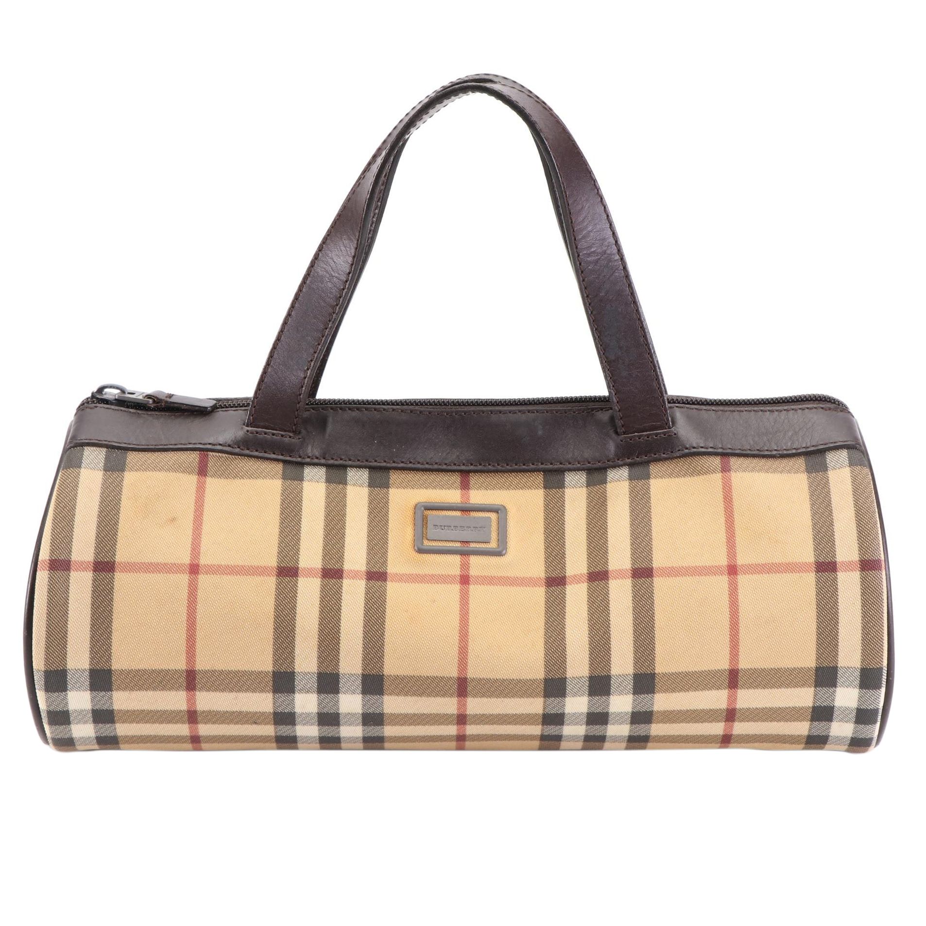 Burberry Barrel Handbag in Nova Check Coated Canvas and Brown Leather