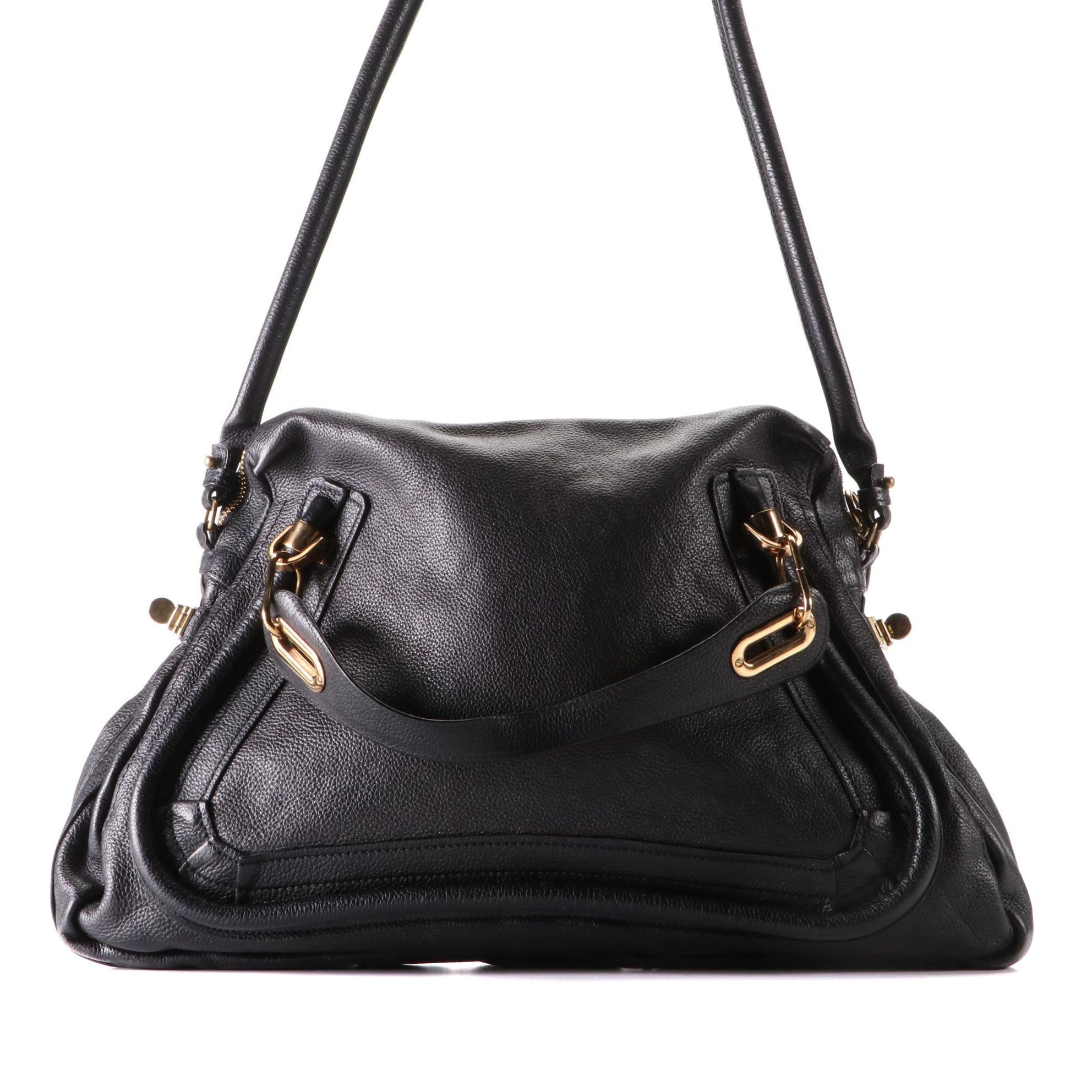 Chloé Large Paraty Two-Way Bag in Black Calfskin Leather w/Shoulder Strap