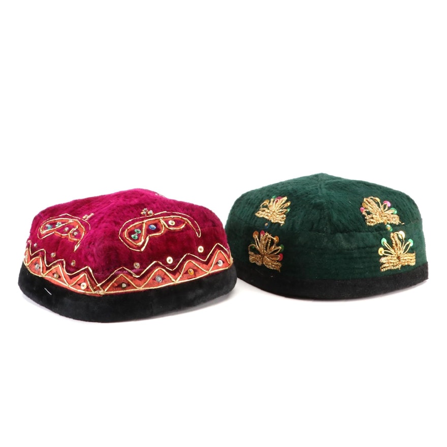 Handmade Central Asian Embroidered and Embellished Badam Doppa Hats