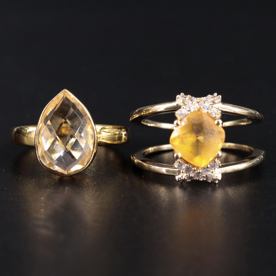 2-Piece Sterling Ring Set Featuring Citrine and Cubic Zirconia