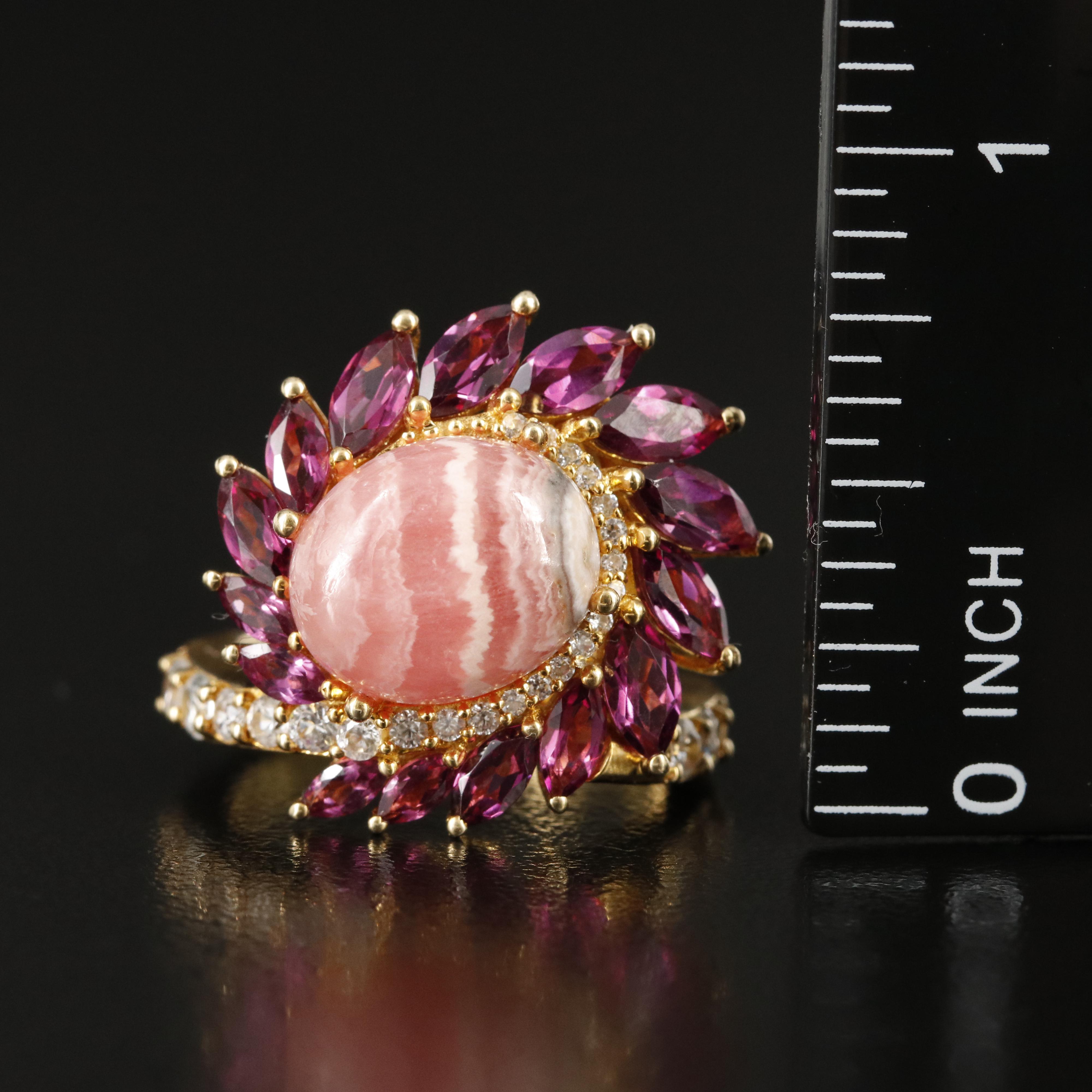 Sterling Rhodochrosite, Rhodolite Garnet and Zircon Ring