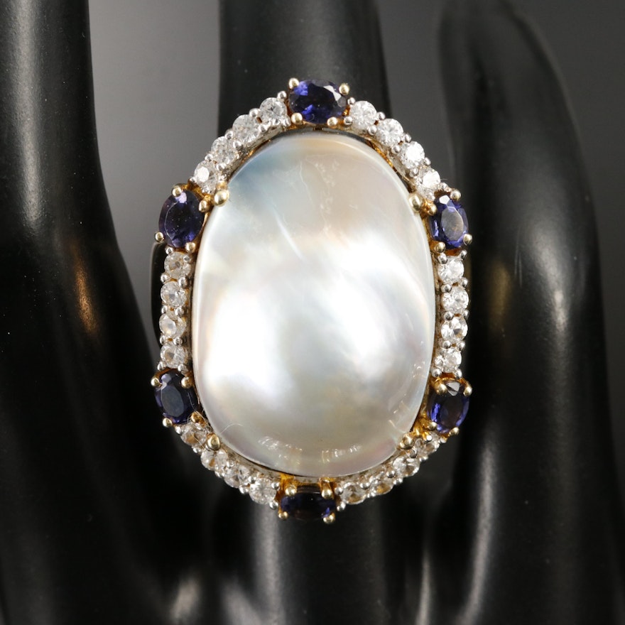 Sterling Pearl, Iolite and Zircon Ring