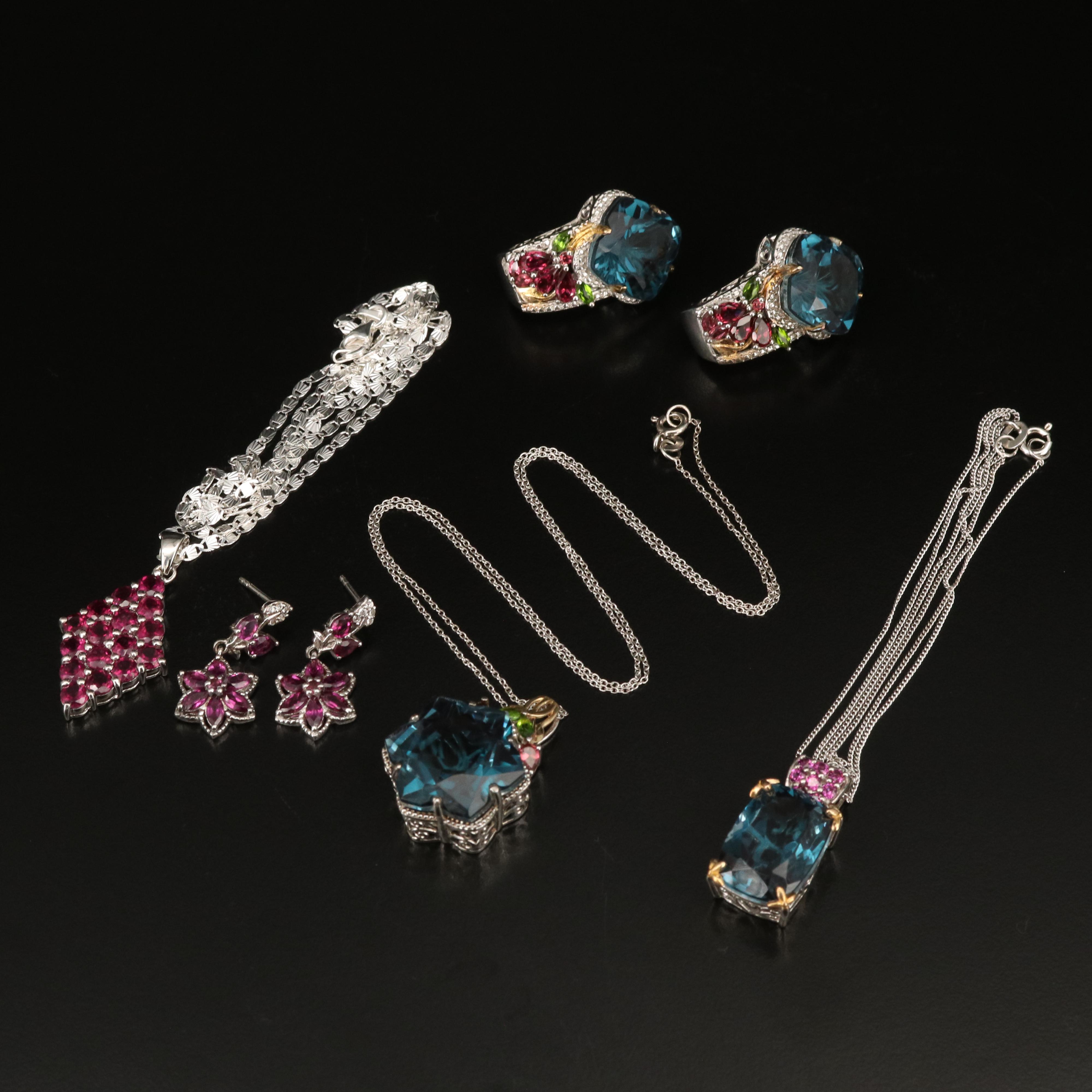 Sterling Diopside, Garnet and Zircon Pendant Necklaces and Earrings