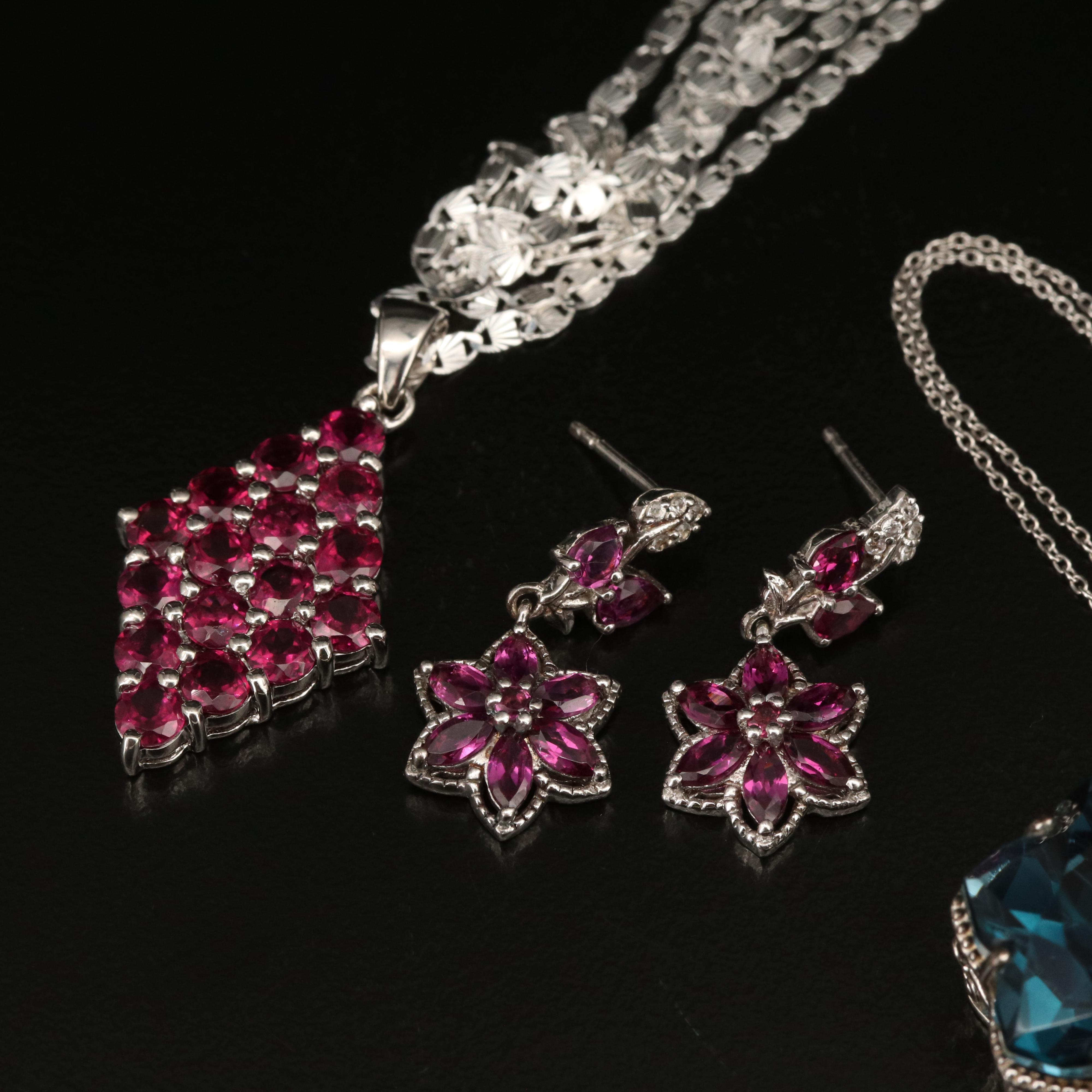 Sterling Diopside, Garnet and Zircon Pendant Necklaces and Earrings