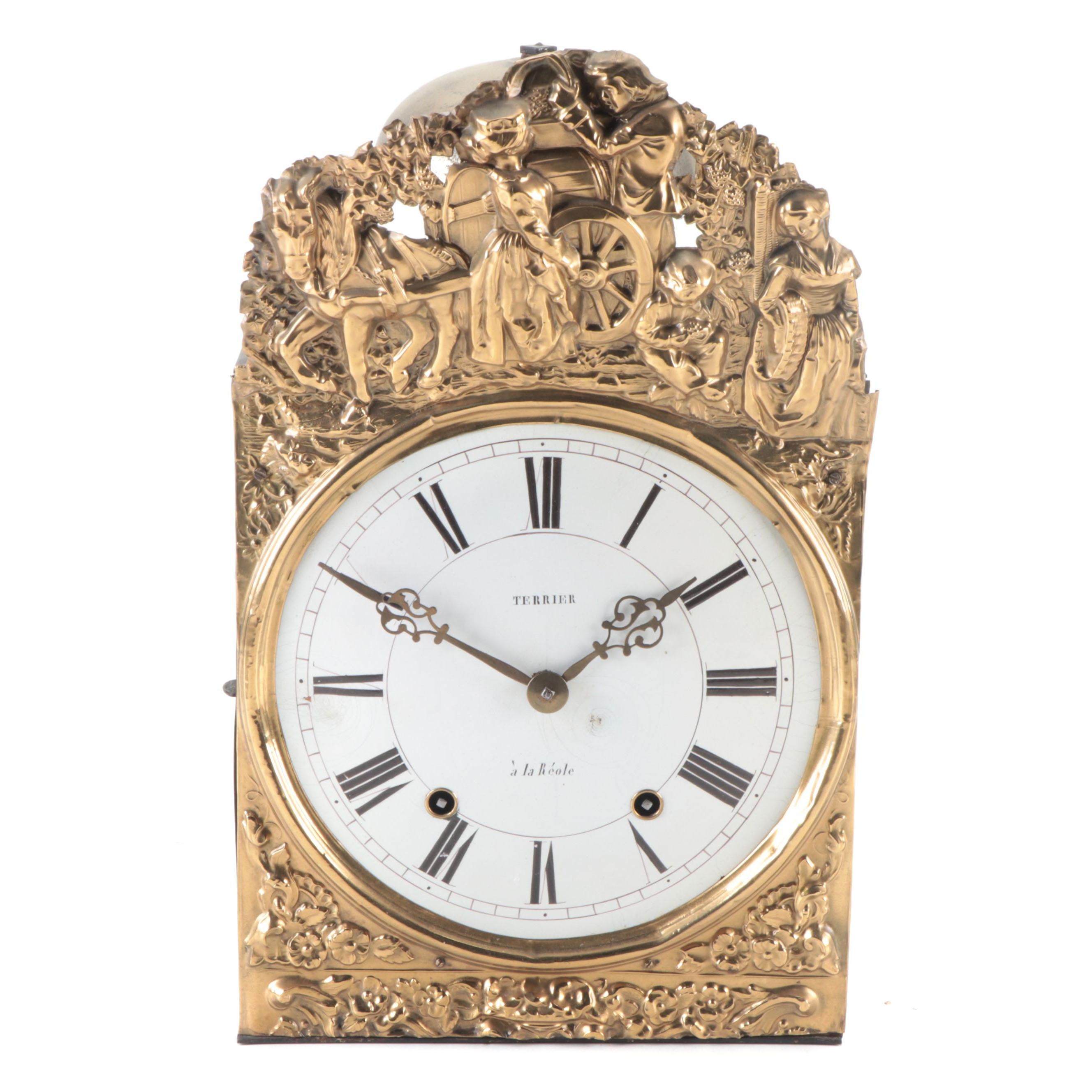 French Grained and Brass Repoussé Comtoise Morbier Clock, Mid-19th Century