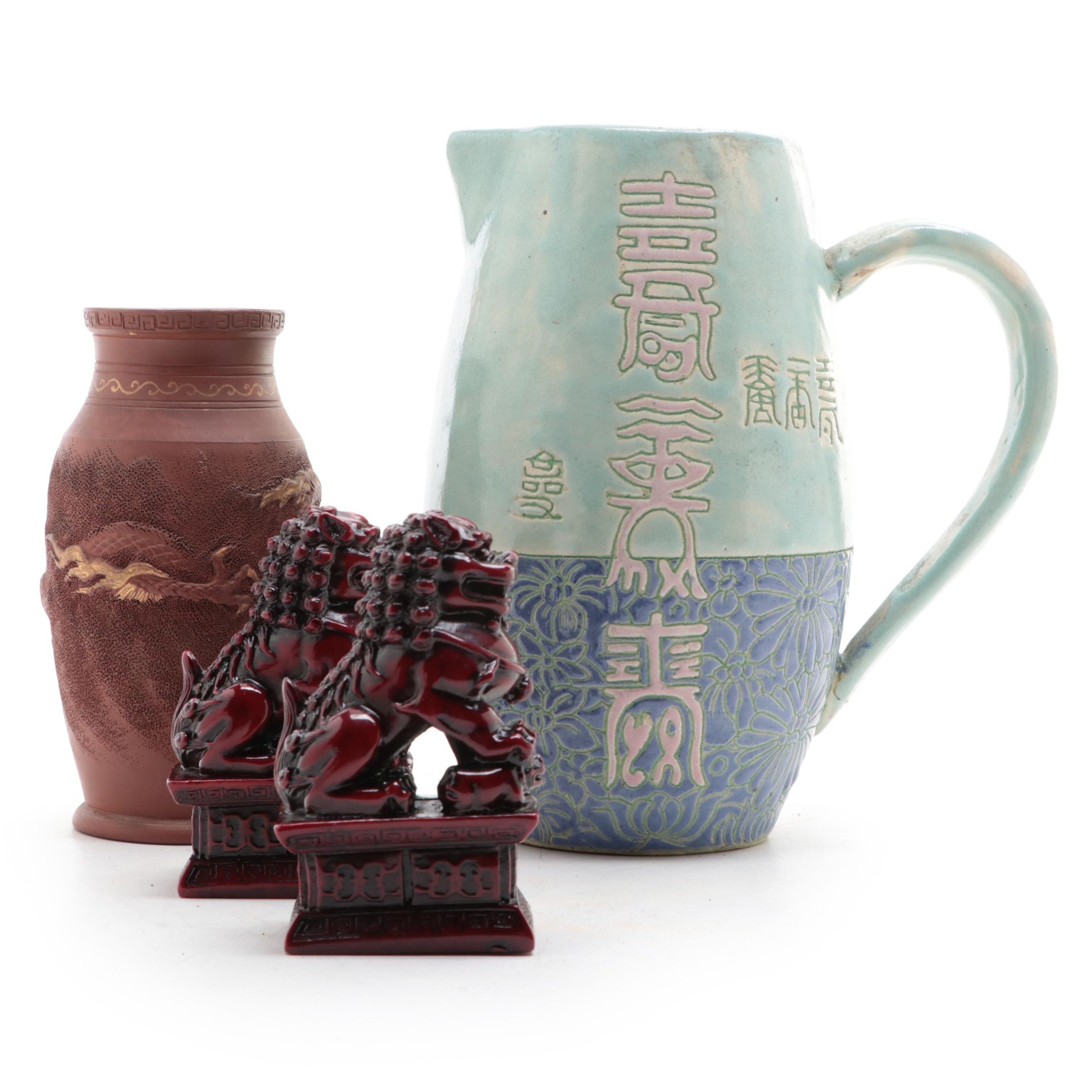 Chinese Terracotta Vase and Resin Guardian Lions with Vietnamese Pitcher