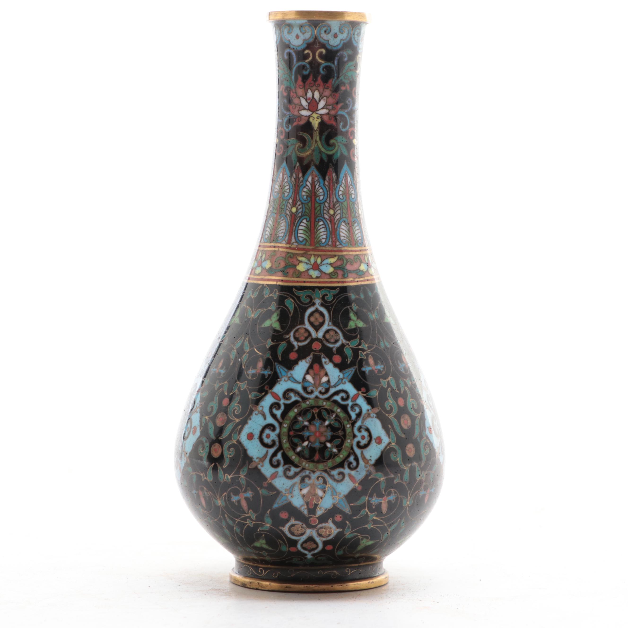 Chinese Cloisonne Enamel on Brass Vases With Cloisonne on Earthenware Vase