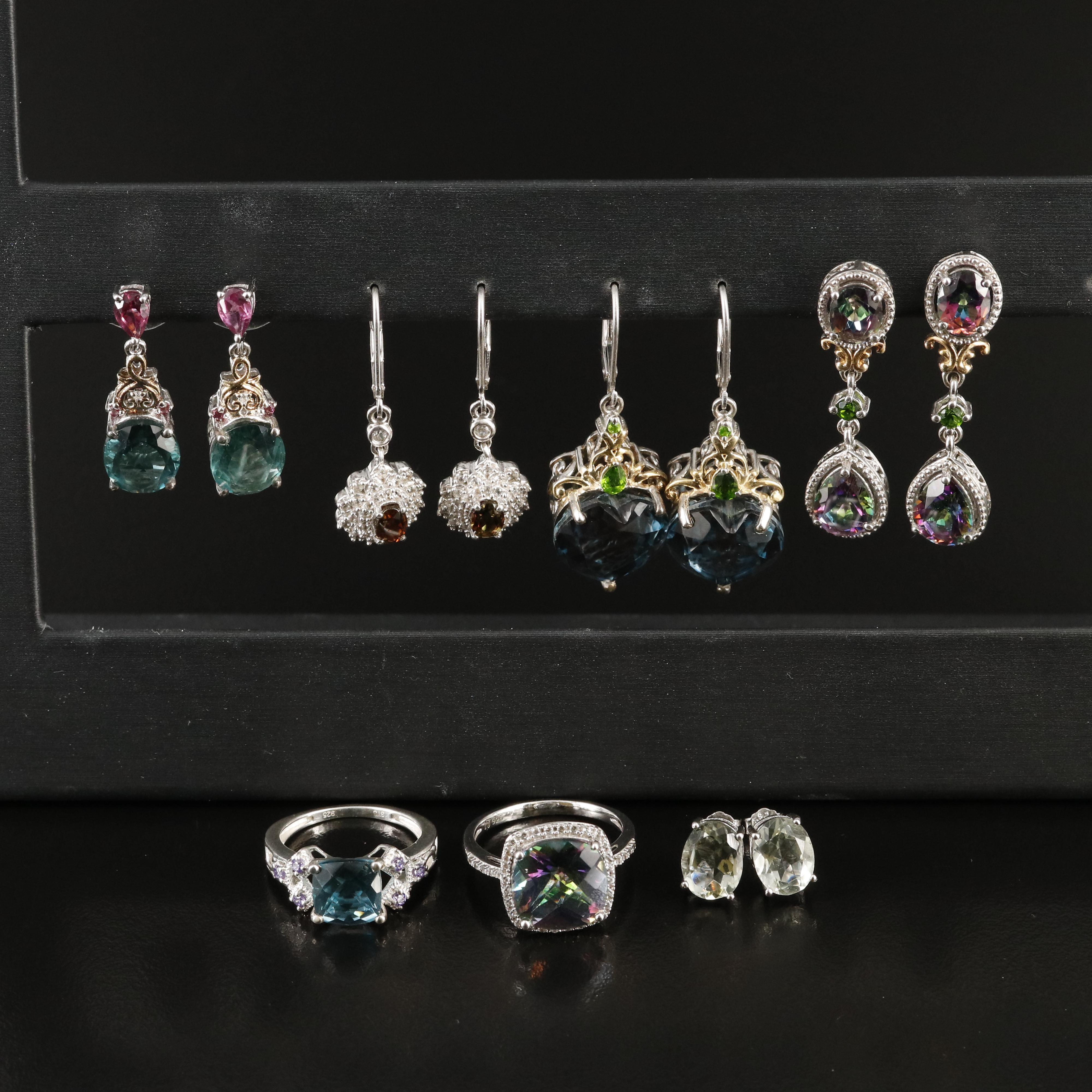 Mystic Topaz, Quartz and Prasiolite Featured in Sterling Earrings and Rings
