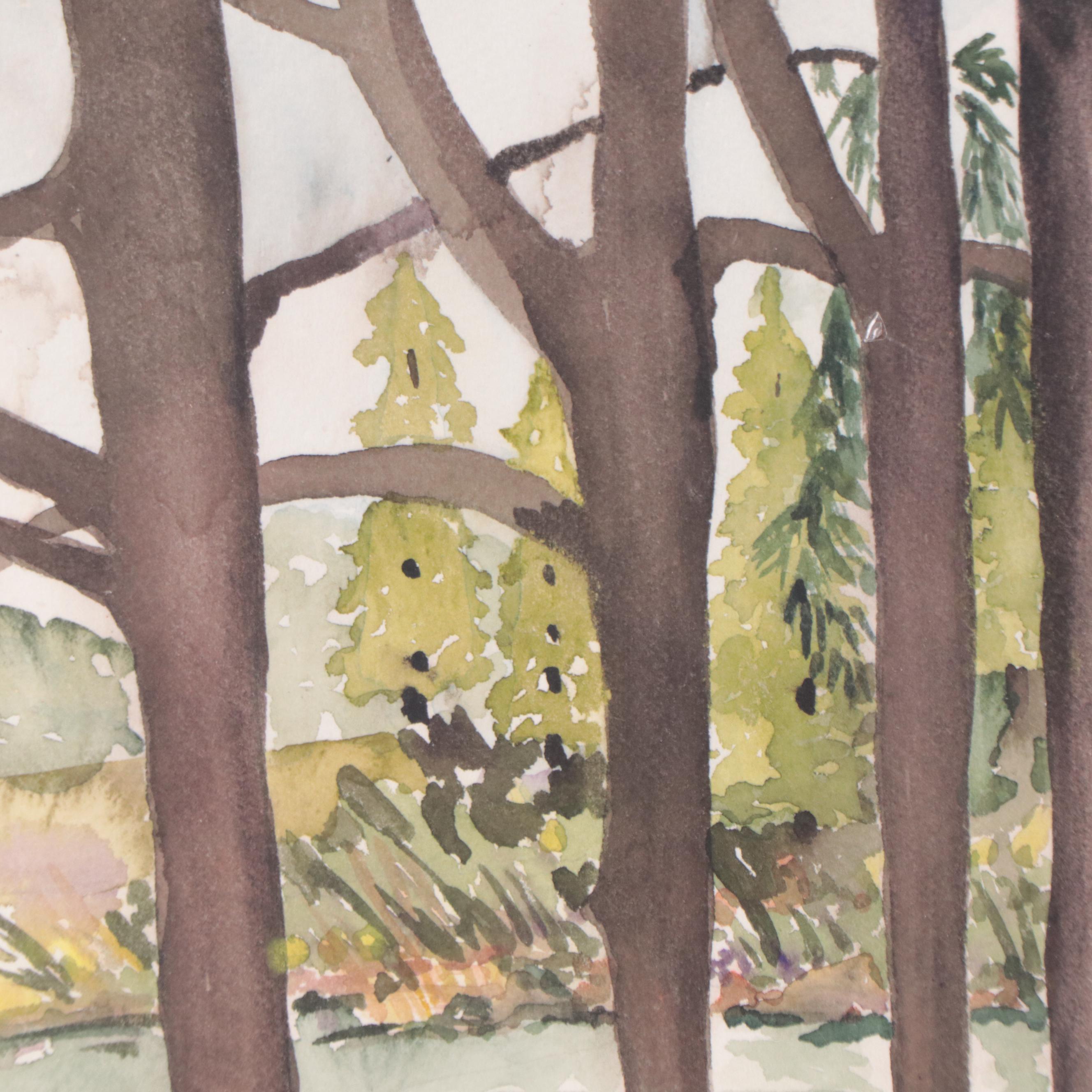 Susan Grier Wooded Landscape With River Watercolor Painting