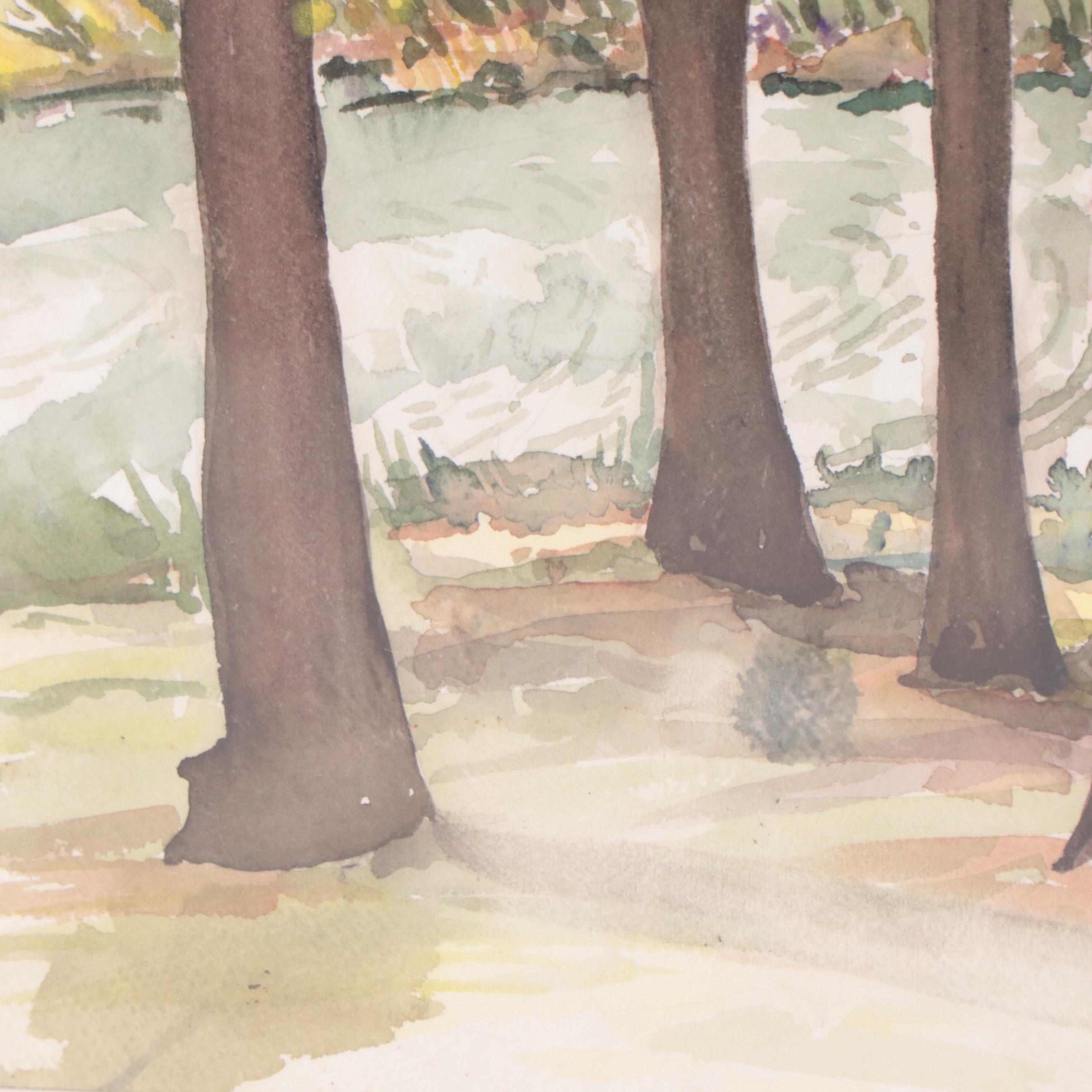 Susan Grier Wooded Landscape With River Watercolor Painting