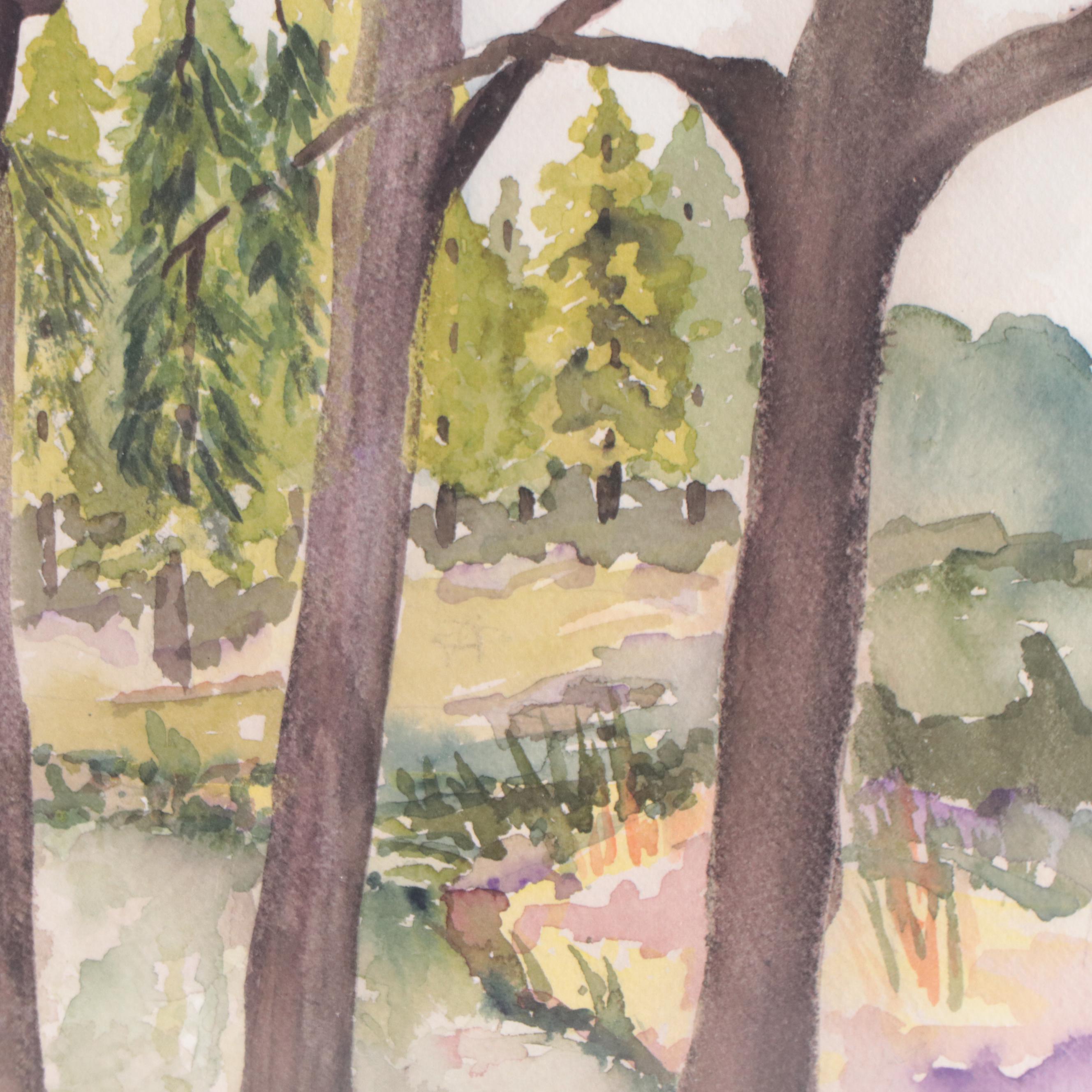 Susan Grier Wooded Landscape With River Watercolor Painting