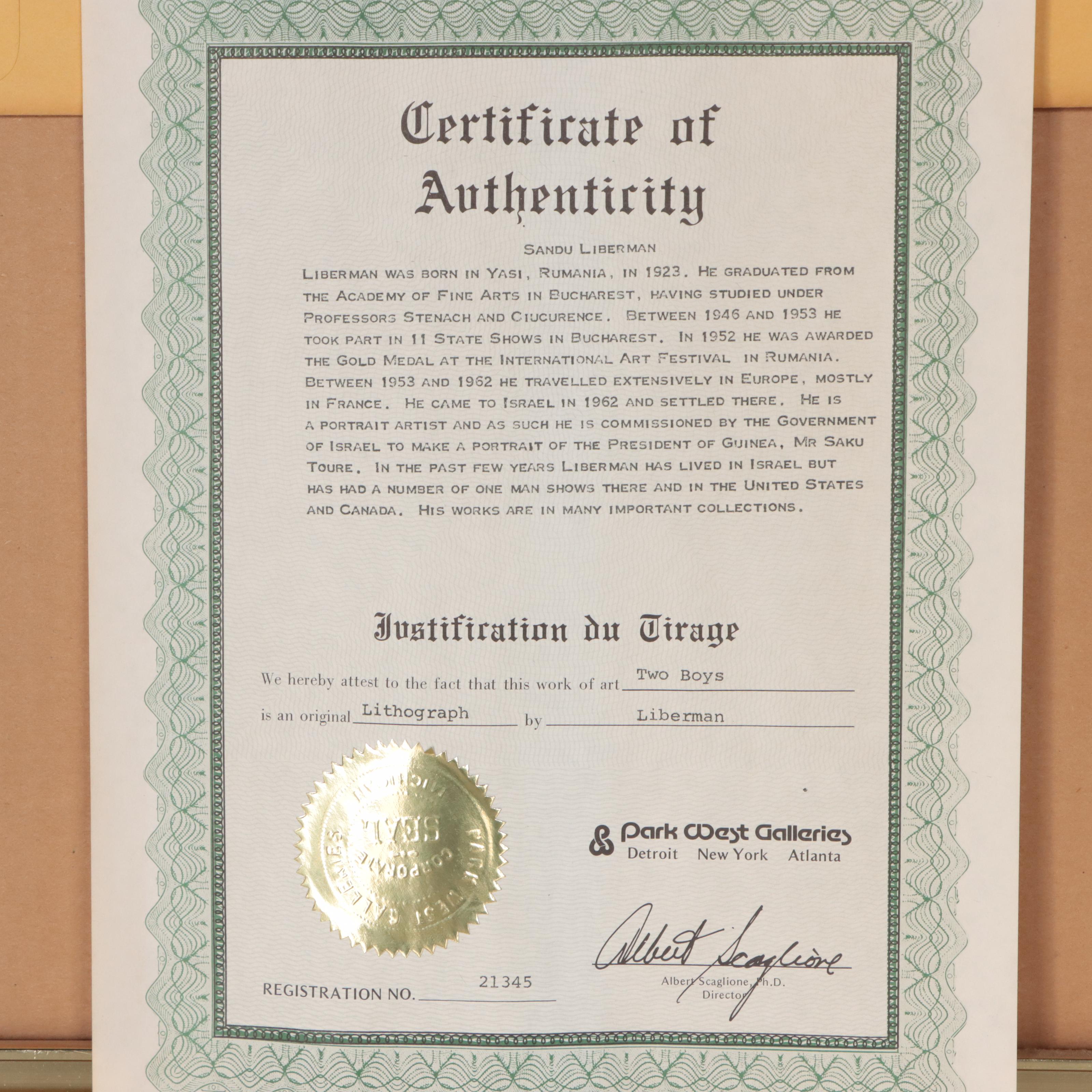 Sandu Liberman Lithograph "Two Boys"