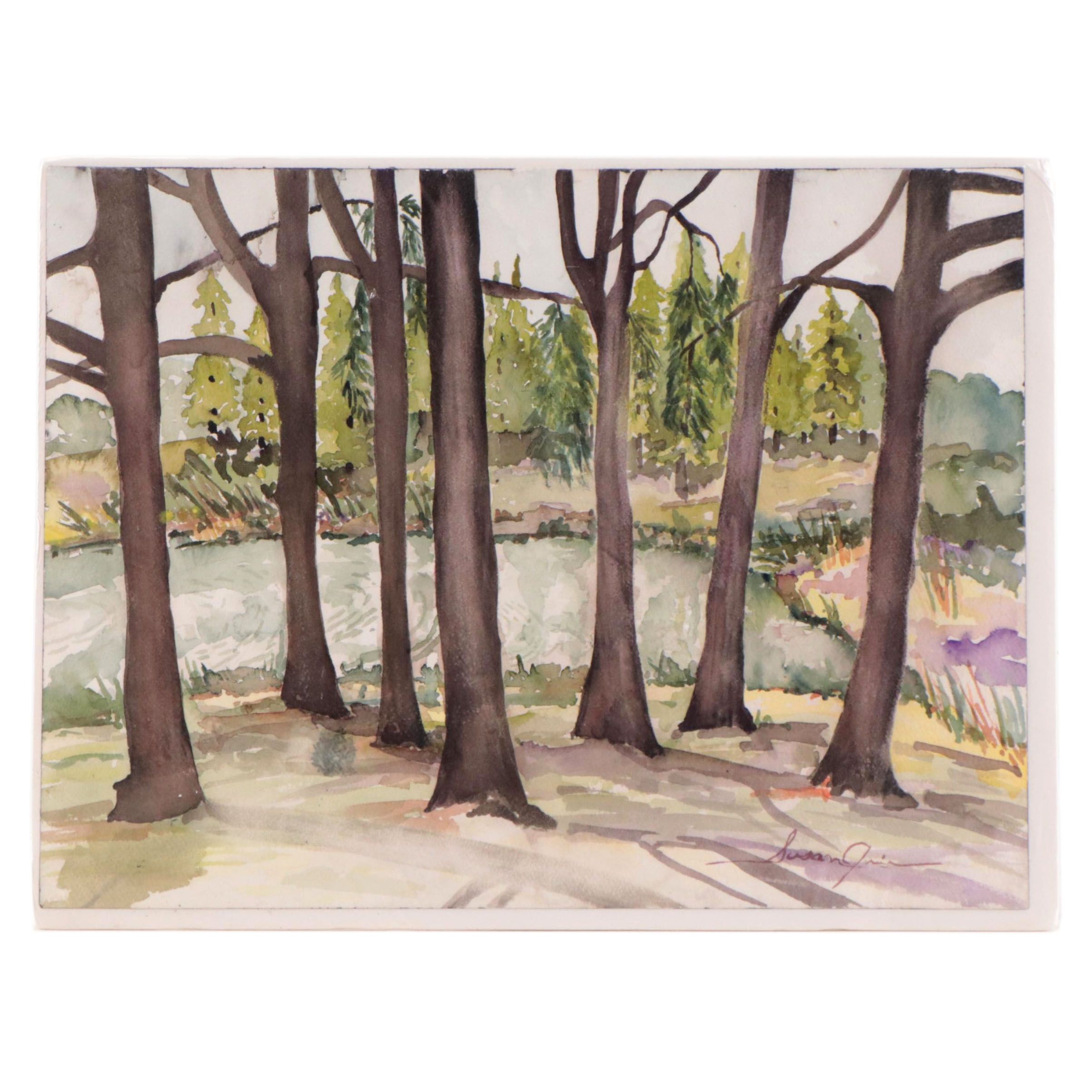 Susan Grier Wooded Landscape With River Watercolor Painting