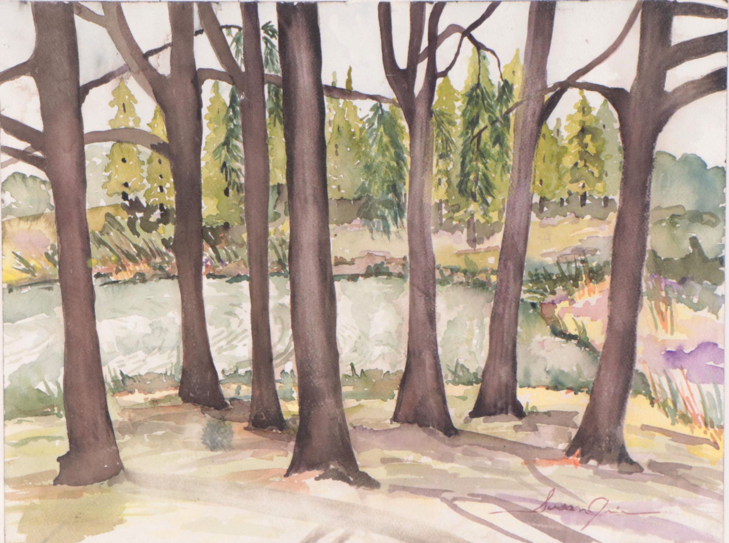 Susan Grier Wooded Landscape With River Watercolor Painting