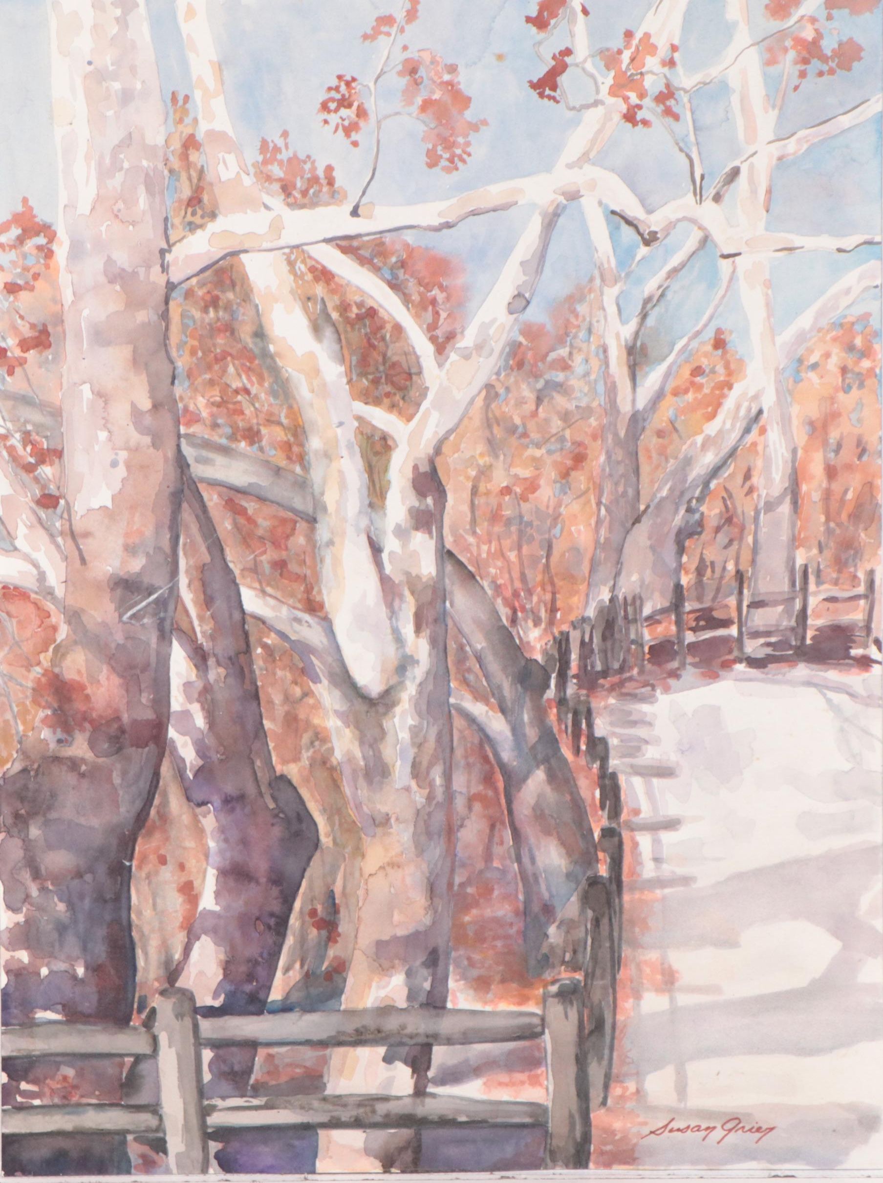 Susan Grier Wooded Winter Landscape Watercolor Painting