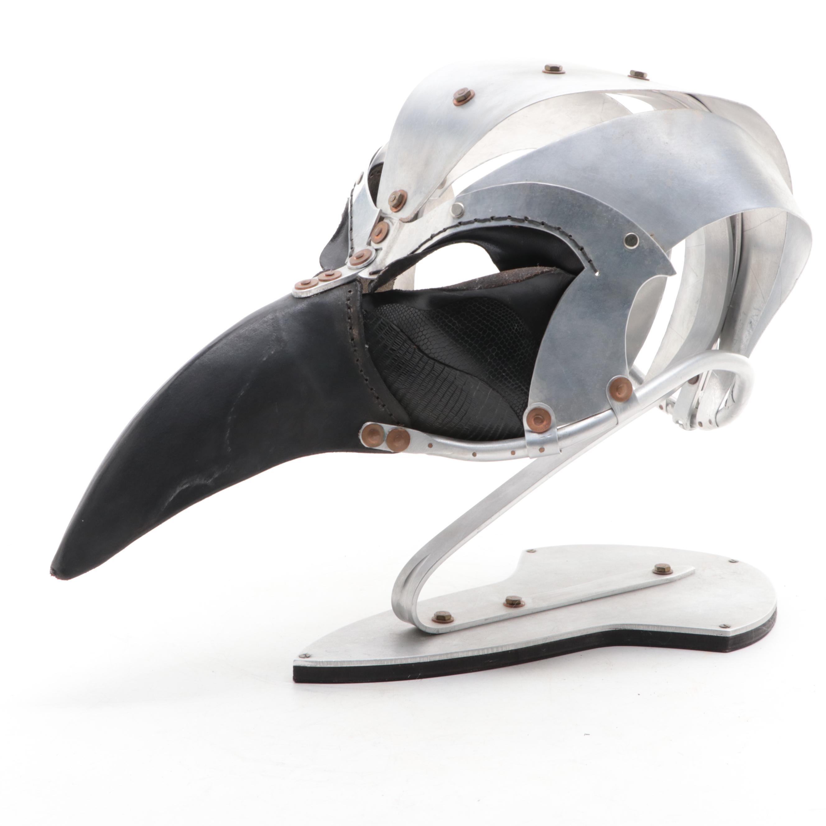 Plague Doctor Steampunk Style Metal and Leather Helmet with Stand