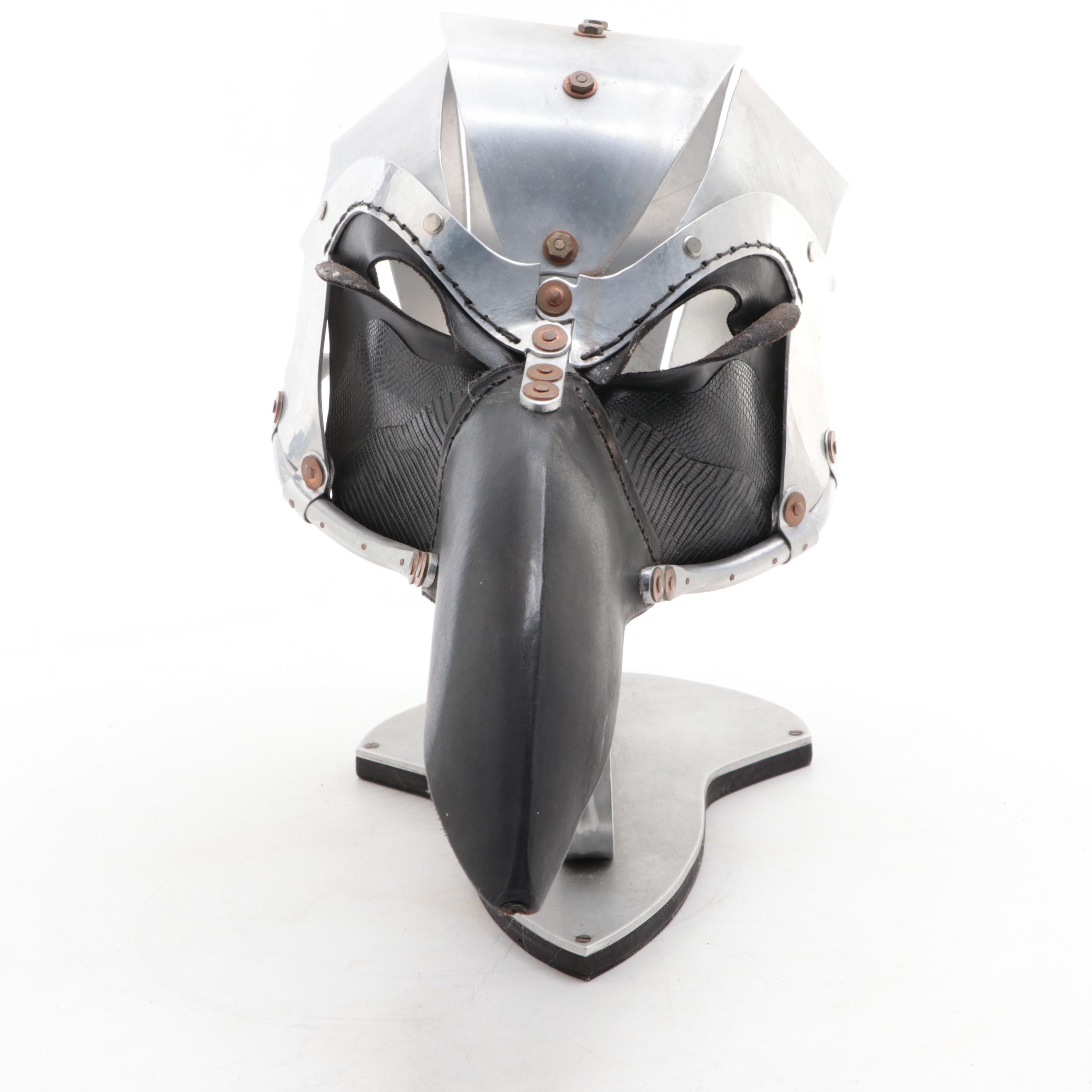 Plague Doctor Steampunk Style Metal and Leather Helmet with Stand