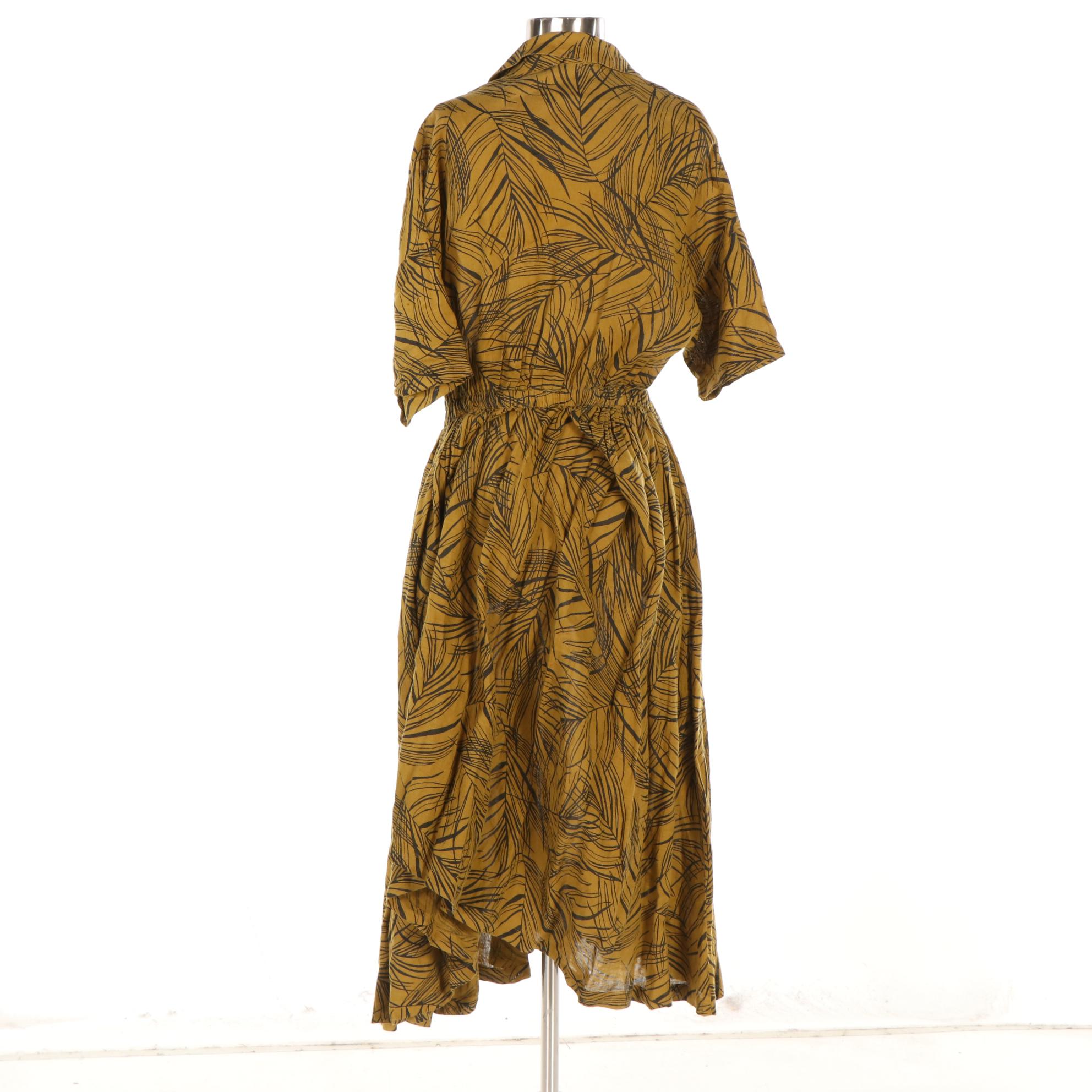 Black Crane Pleated Shirt Dress in Foliate Printed Slub Textile