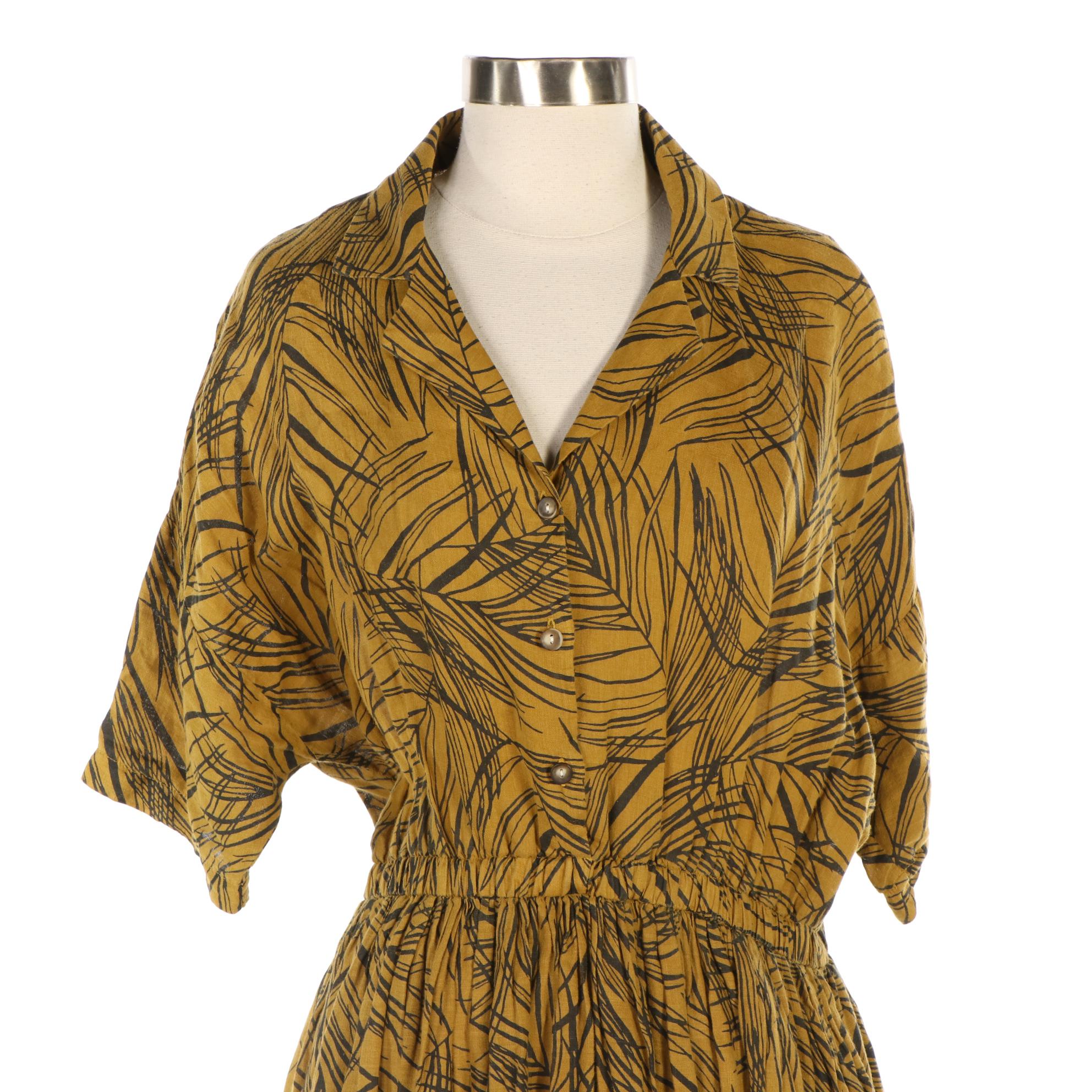 Black Crane Pleated Shirt Dress in Foliate Printed Slub Textile