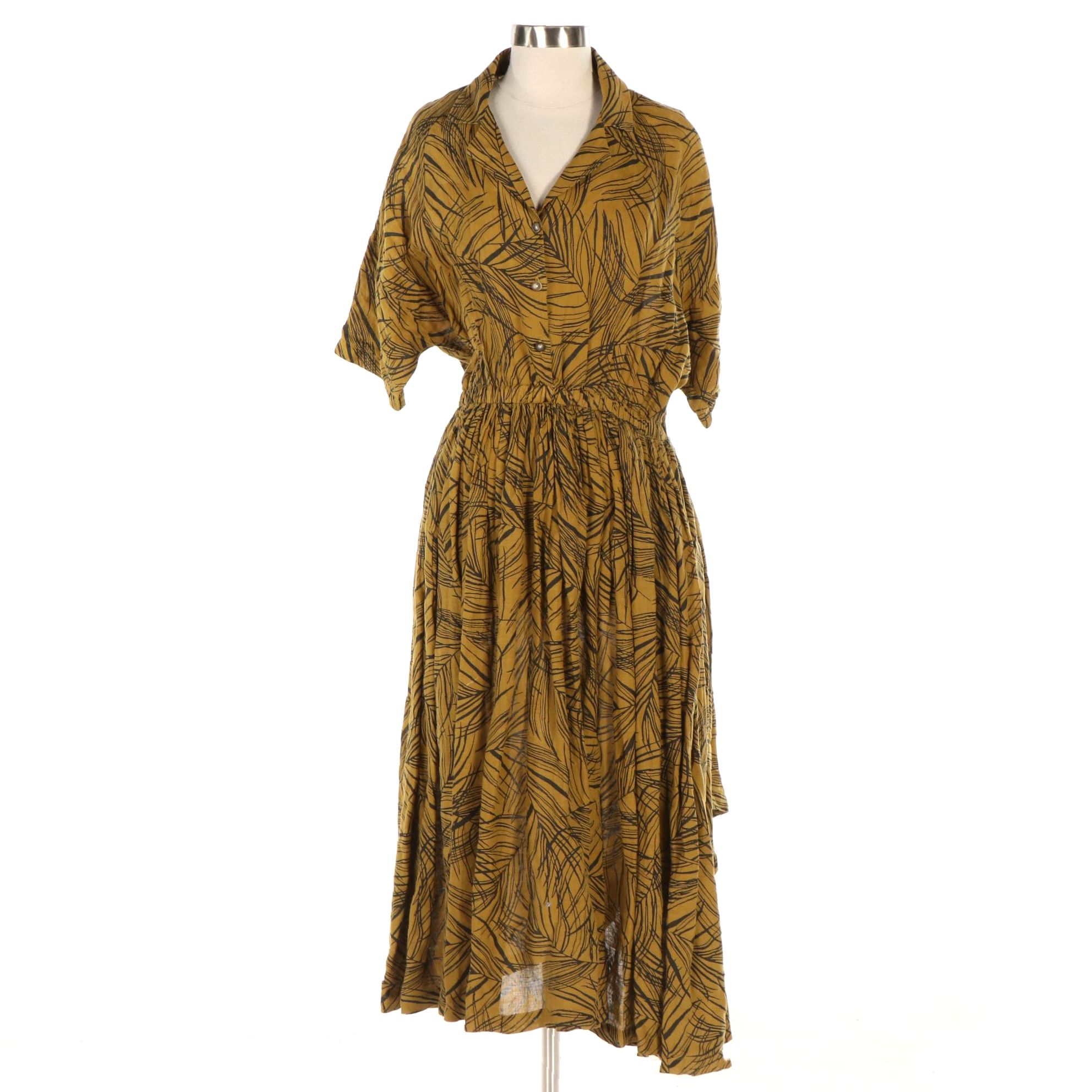 Black Crane Pleated Shirt Dress in Foliate Printed Slub Textile