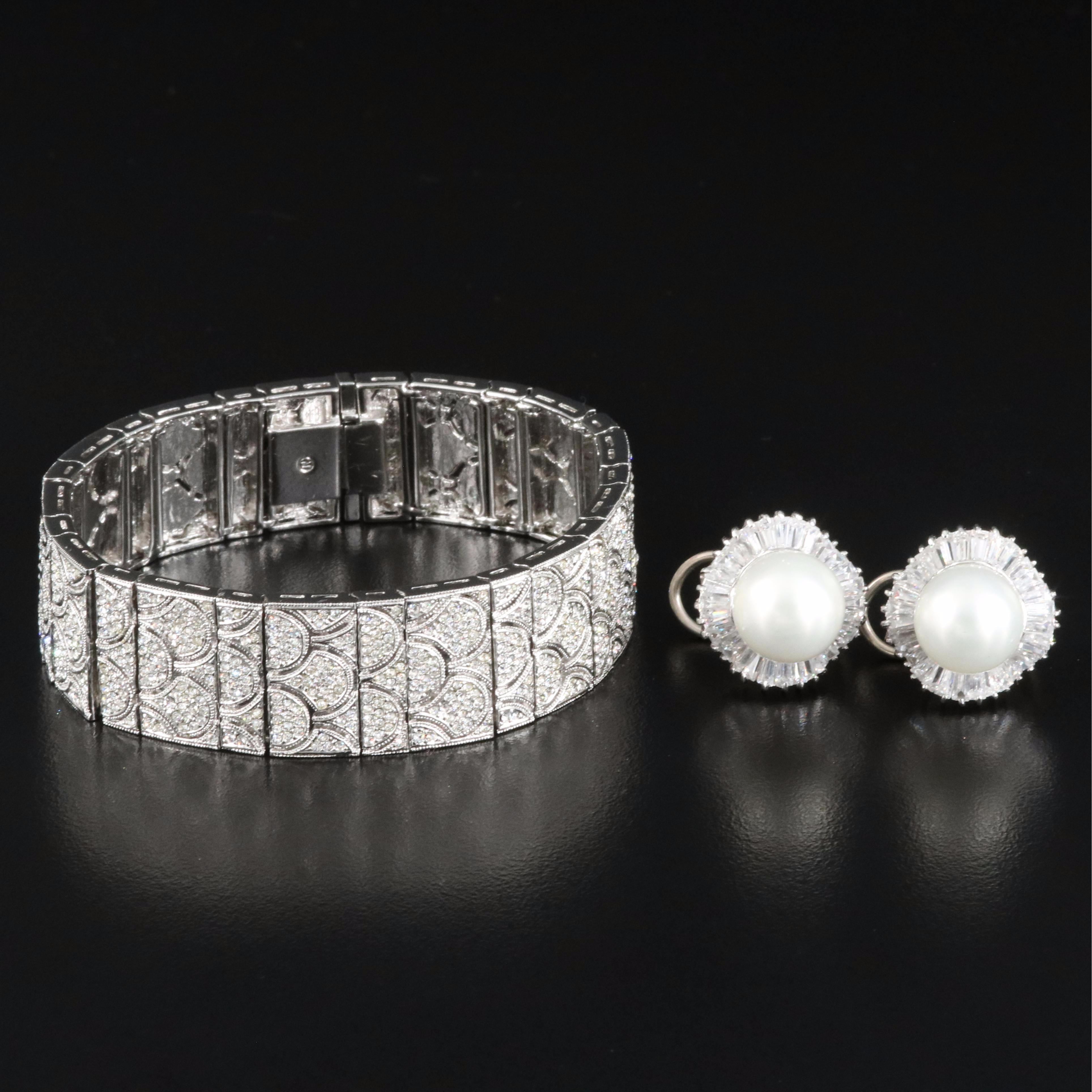Rhinestone Bracelet and Faux Pearl and Cubic Zirconia Sterling Earrings